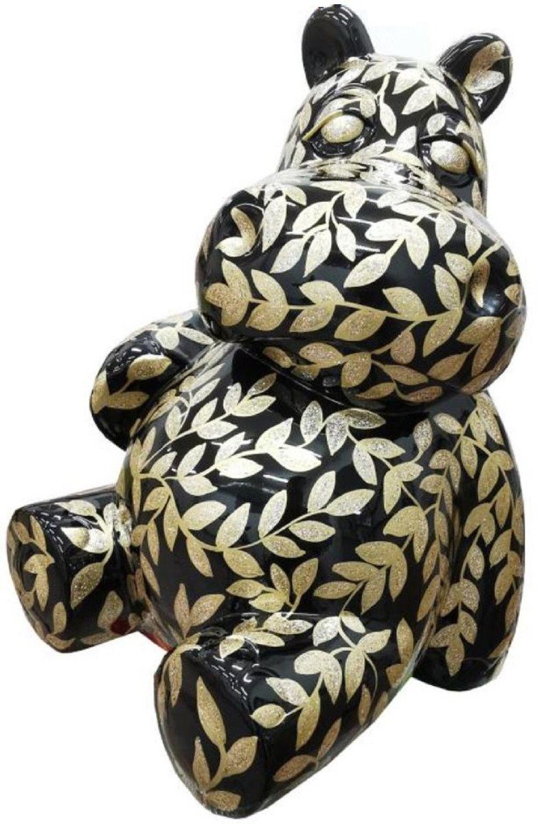 Skulptur Designer Deko Skulptur Sitzendes Nilpferd mit Glitzer Look Schwarz / Gold H. 100 cm - Wetterbeständige Dekofigur - Wohnzimmer Deko - Garten Deko - Terrassen Deko