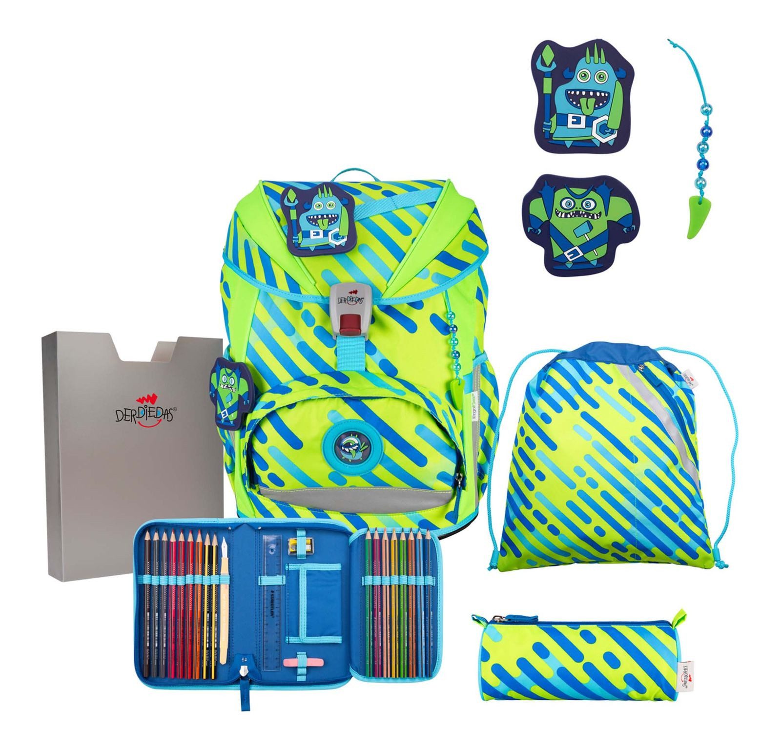 DerDieDas® Schulranzen Exklusiv Neon Schulranzenset 5-teilig (Set, 5-tlg)