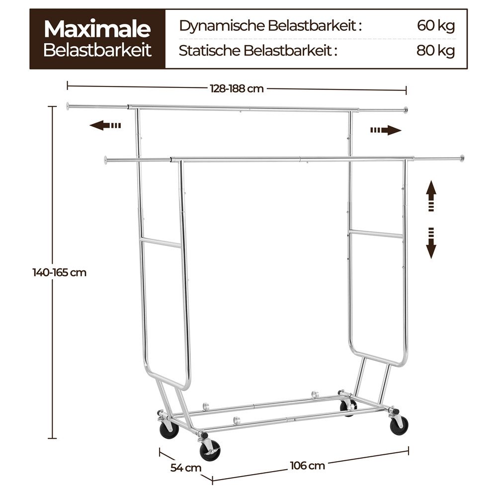 Yaheetech Kleiderständer Kleiderstangen, auf Rollen bis 100 kg ausziehbar