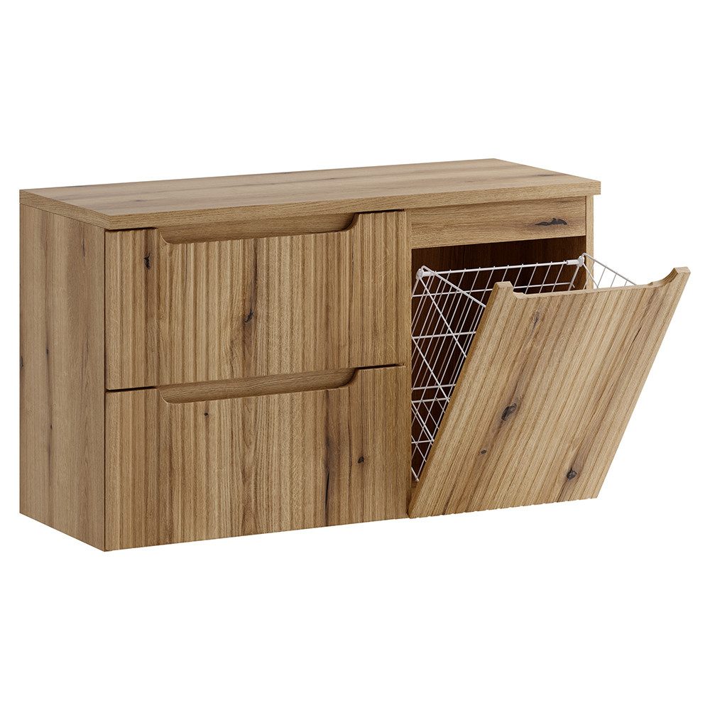 Lomadox Waschbeckenschrank NEWPORT-56-EVOKE 100 cm breit in Eiche, gerillte Front, 2 Schubladen & Wäschekorb