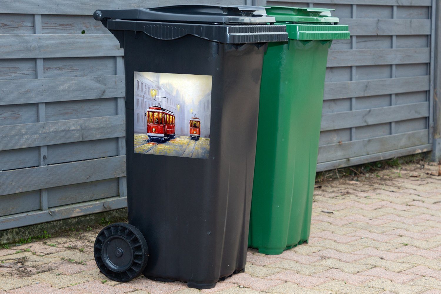 MuchoWow Wandsticker Gemälde St), - Sticker, - Öl Straßenbahn Mülleimer-aufkleber, Container, - Mülltonne, (1 Stadt Abfalbehälter