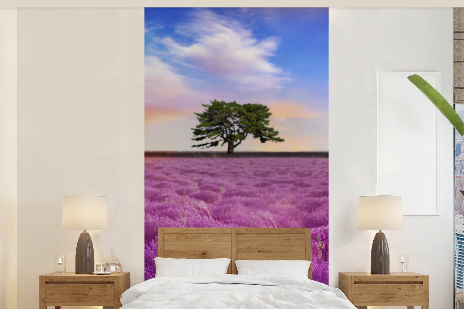 MuchoWow Fototapete Lavendel - Baum - Sonnenuntergang - Lila, Matt, bedruckt, (2 St), Vliestapete für Wohnzimmer Schlafzimmer Küche, Fototapete