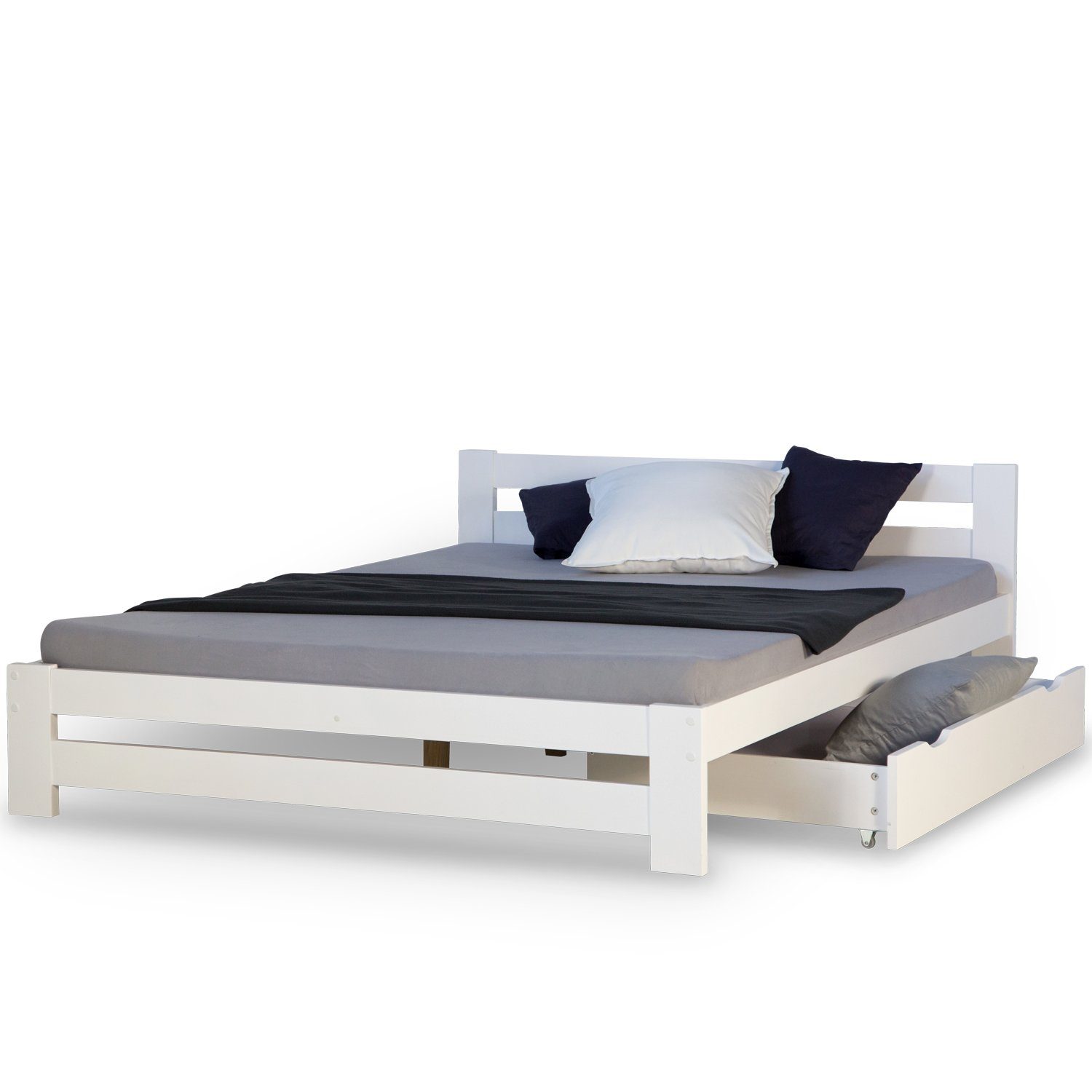 Homestyle4u Holzbett 140x200 mit Lattenrost mit BettkastenDoppelbett Weiß Holz mit Kopfteil (Set, mit Lattenrost, mit Bettkasten / Schublade), mit Stauraum (1x  – Bild 2 von 5