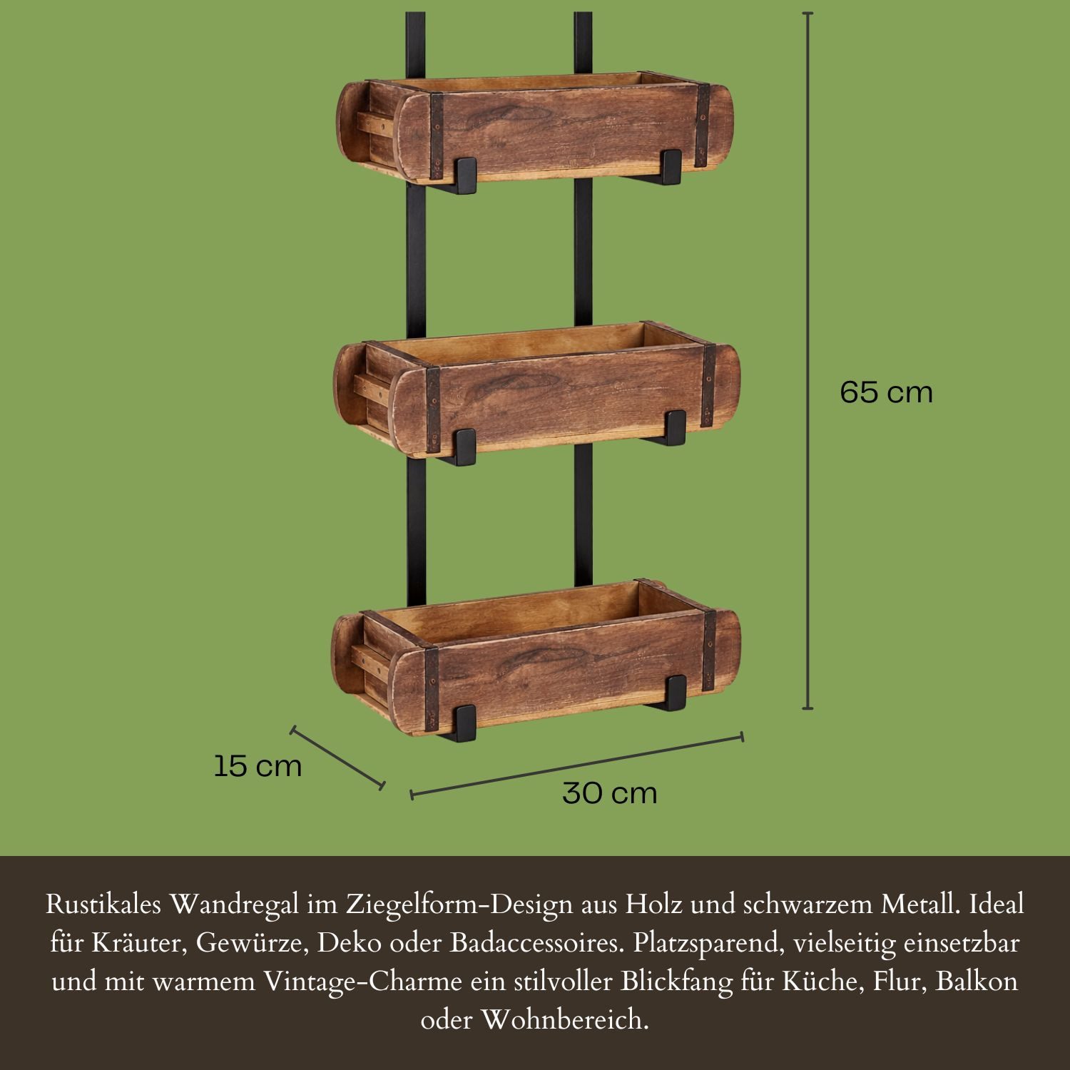 Marrakesch Orient & Mediterran Interior Wandregal Regal Merita aus Holz und Metall, drei Ziegelformen, in Schwarz 65 cm, 4-tlg., Handarbeit – Bild 3 von 5