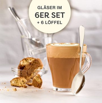 Cosumy Gläser-Set 6 Cappuccino Gläser mit Löffel, Glas, Cappuccino Gläser Set mit Henkel und Löffel - 250 ml - Hält lange warm