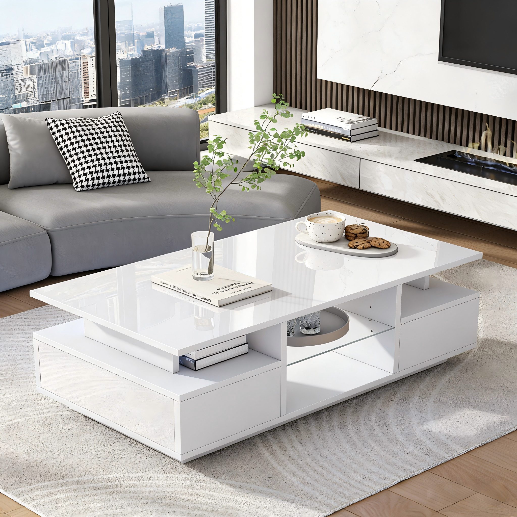 REDOM Couchtisch mit LED-Beleuchtung & transparenten Glasablagen (Packung, 1-St., Elegant als Tee-, Kaffee- oder Wohnzimmertisch einsetzbar), 100x50x36 cm in Weiß, mit 2 Schubladen & offenem Stauraum