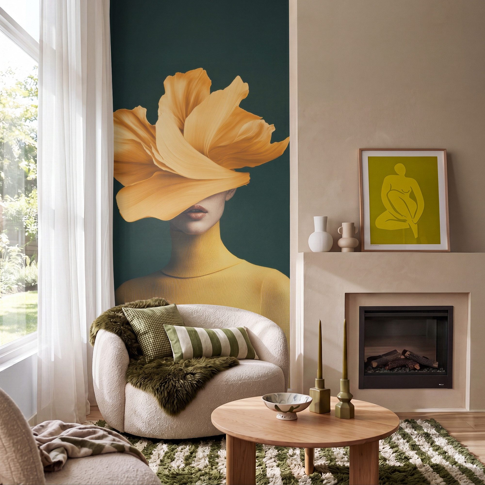 OnlyWow Fototapete Frau - Hut - Gelb, Matt, bedruckt, Wandtapete, Schlafzimmer, bedruckt 100x220cm