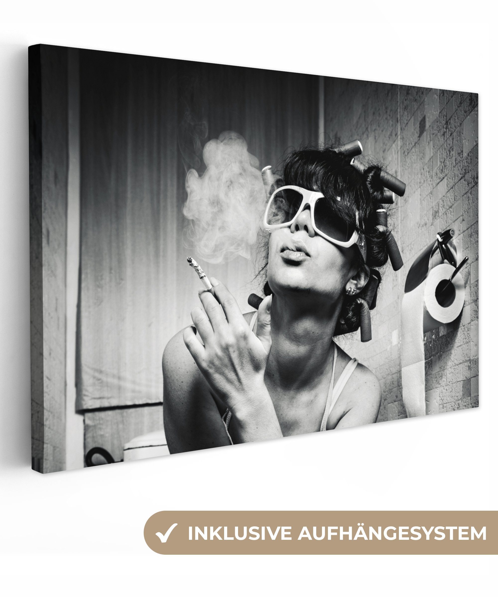 OneMillionCanvasses® Leinwandbild Frau - Vintage - Lockenwickler - Toilette - Zigarette, (1 St), Wandbild für alle Wohnbereiche, Gemälde, XXL, großes, 120x80 cm