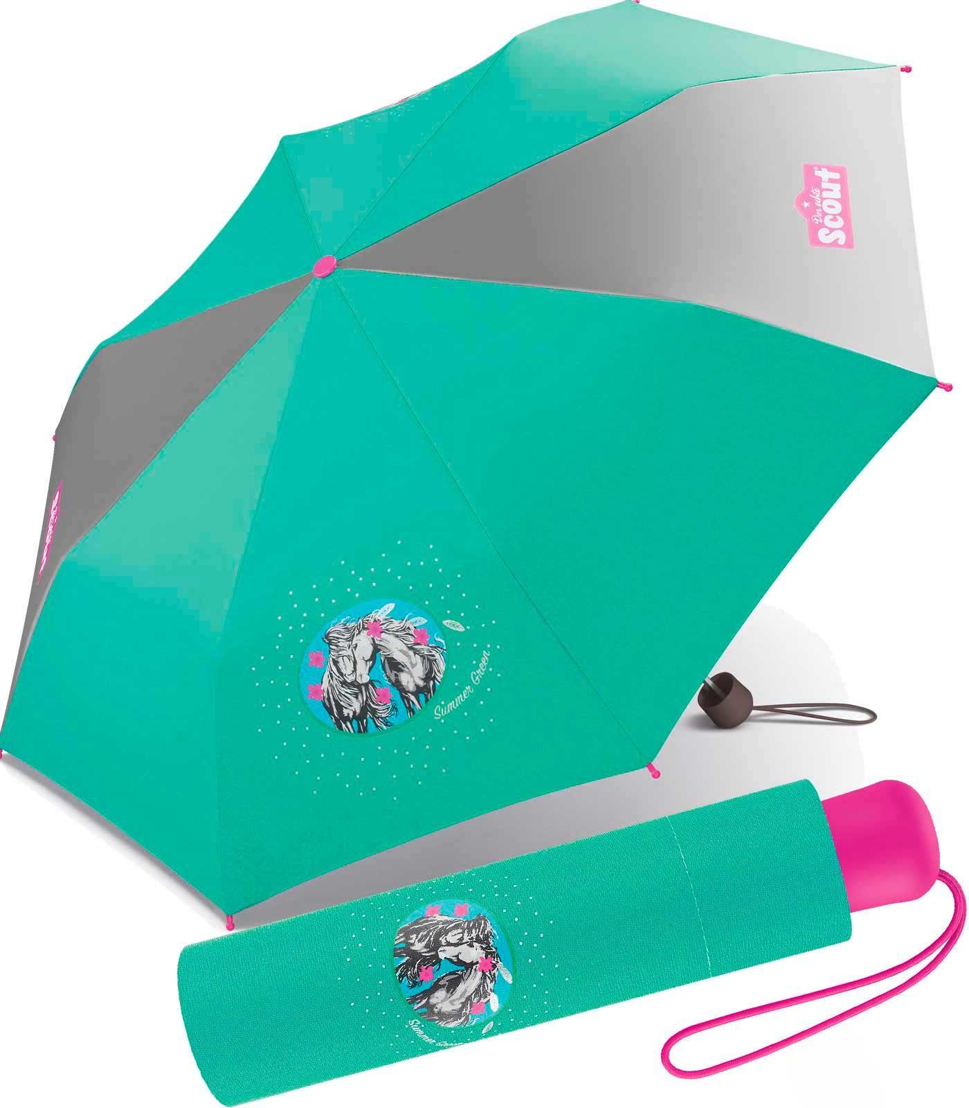 Scout Mini Taschenregenschirm türkis Basic bedruckt, leicht Kinderschirm reflektierend