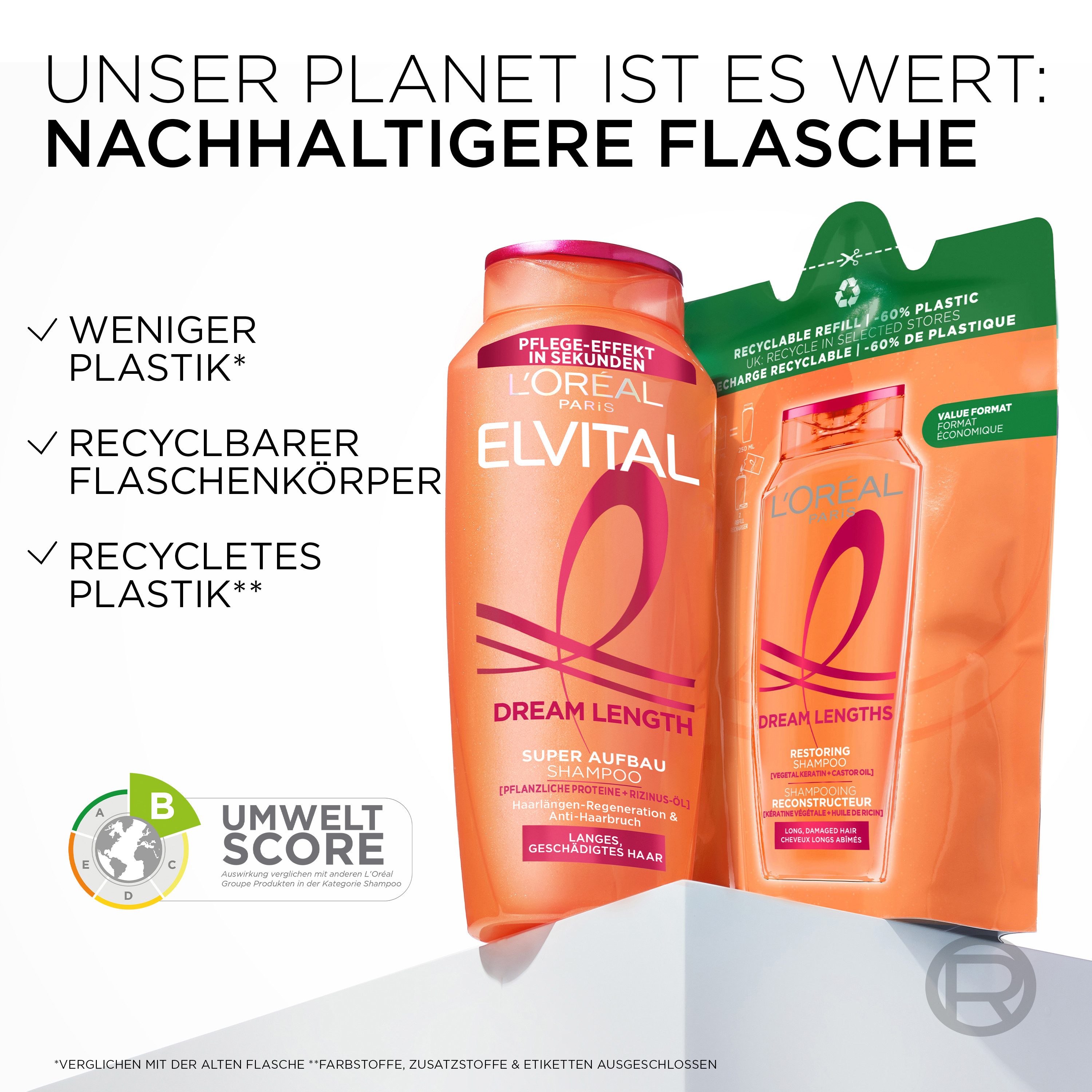 L'ORÉAL PARIS Haarshampoo Elvital Dream Length Shampoo, Spendet Feuchtigkeit, mittlere Deckkraft, passt sich dem Hautton an.