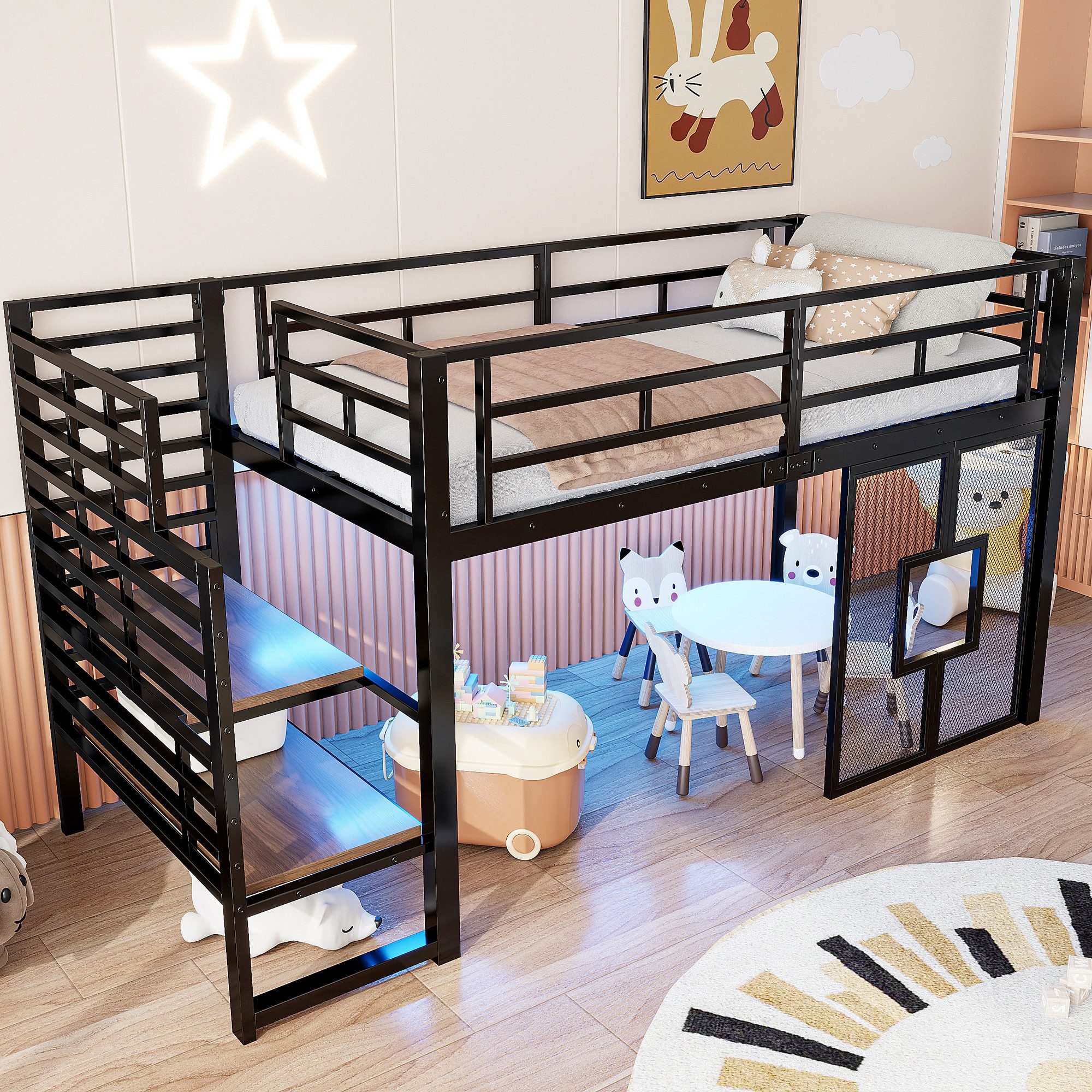MODFU Hochbett für Kinder mit LED-Beleuchtung (Stauraumtreppe & Fenstern – platzsparend für Kinderzimmer, Spielbereich & Schlafbereich, 1-St., 257 x 98 x 128)
