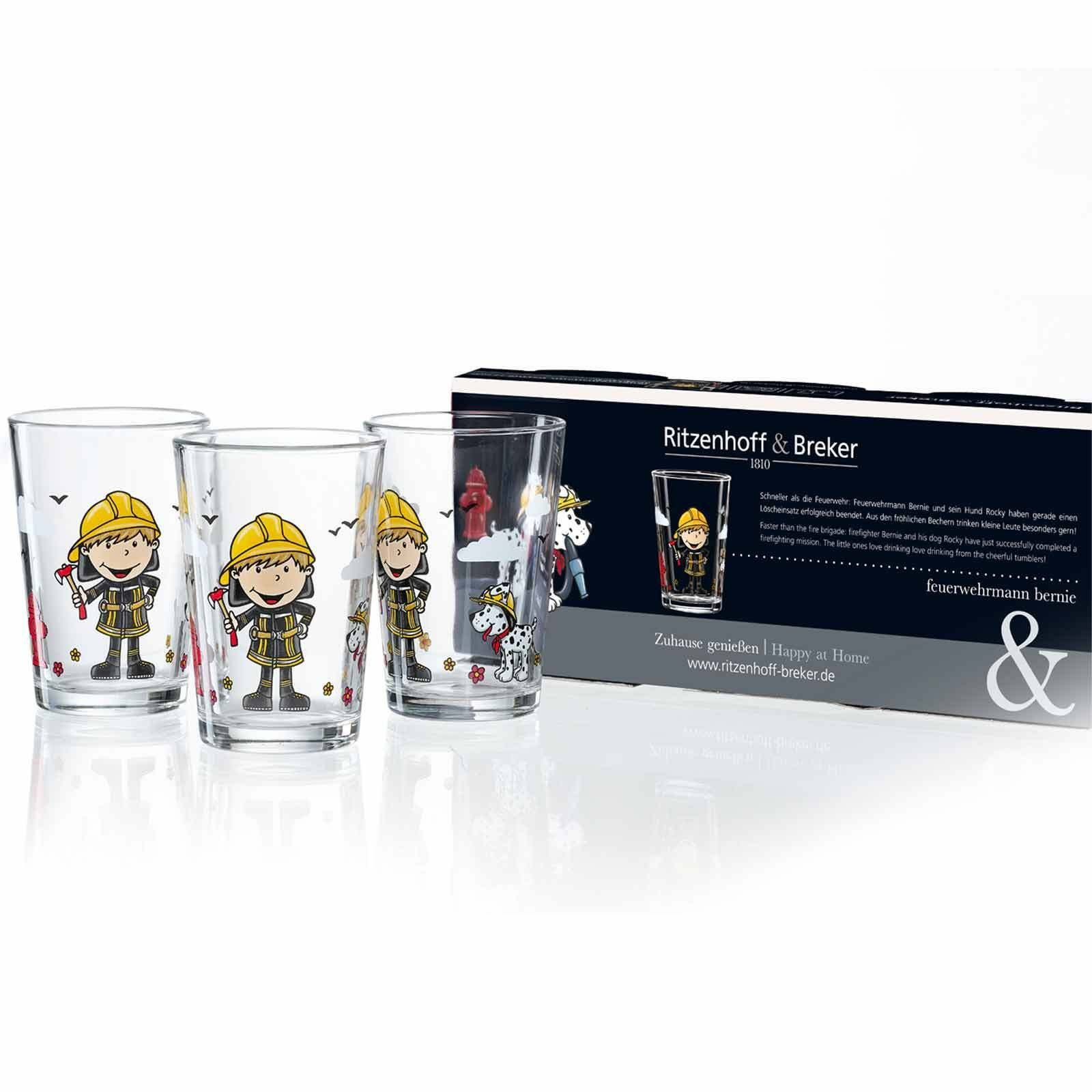 Ritzenhoff & Breker Kinderbecher Feuerwehrmann Bernie Kindergläser 205 ml 3er Set, 3-tlg., Glas