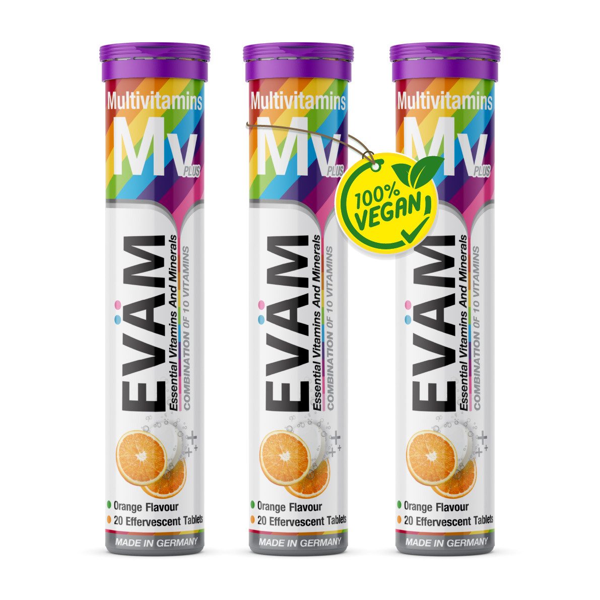 EVÄM Multivitamin Plus – 10 Vitamine in 1 Tablette, orange Brausetabletten, 3 er Rörchen à 20 St., 246 g, vegan und made in Germany