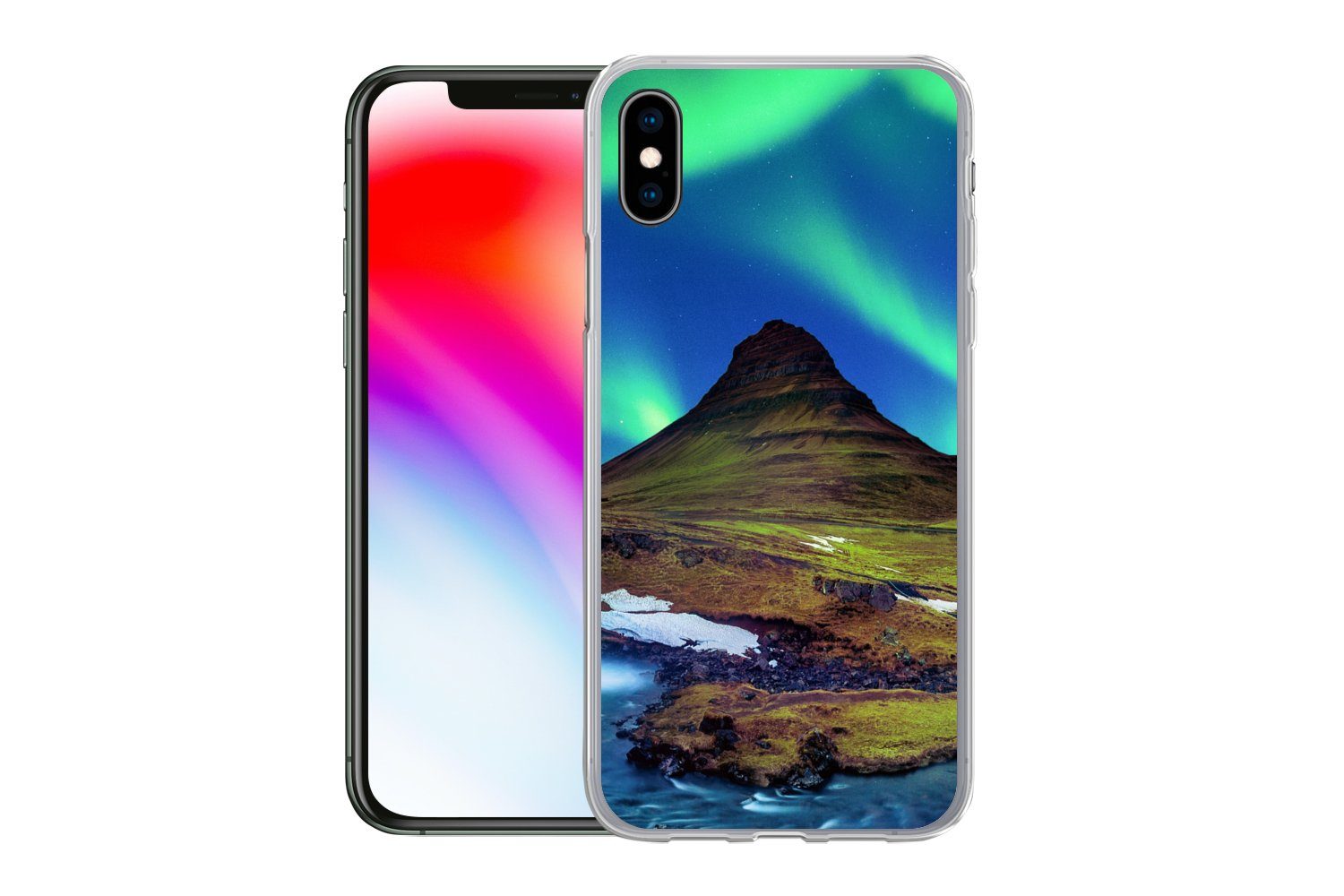MuchoWow Handyhülle für Apple iPhone XS Nordlicht - Sternenhimmel - Island - Berg - Grün -, Smartphone-Bumper, Print, Handy Schutzhülle Dünn