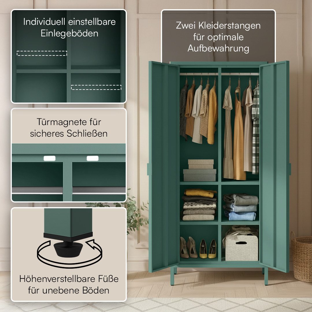 skølm Kleiderschrank Ituri aus Metall (Dunkelgrün) Metallschrank mit 6 Fächern & 2 Kleiderstangen, 170x80x45 cm