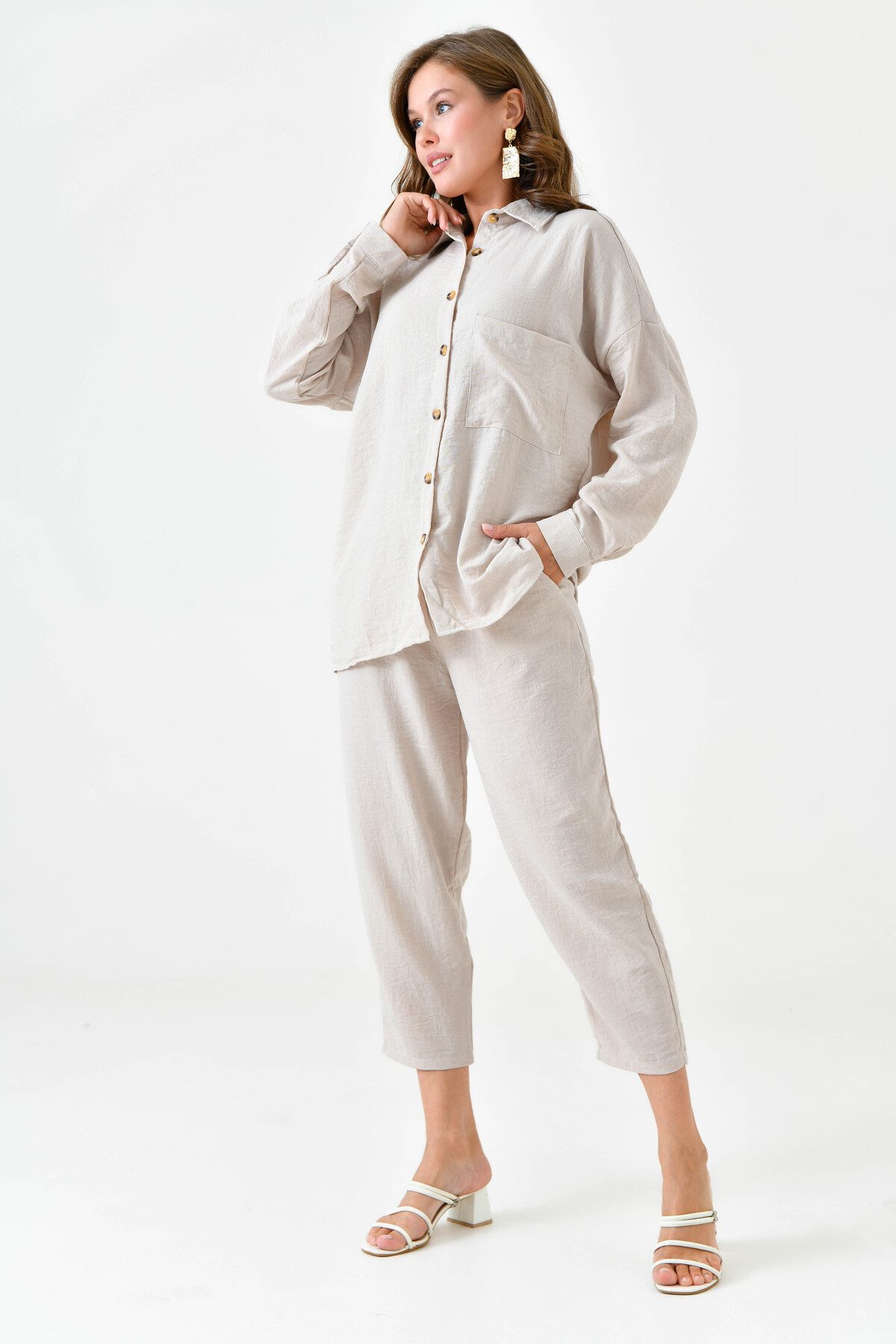 Blusentop Zweiteiliges Oversize-Set aus Hemd und Hose mit einer Tasche