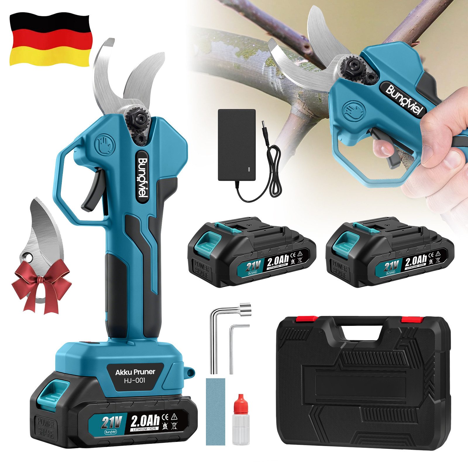Bundviel Akku-Astschere 21V Max 40mm Schnittdurchmesser Elektrische Gartenschere, mit 2 x Akkus & Ersatzteil SK5 Klinge Für Äste & Sträucher