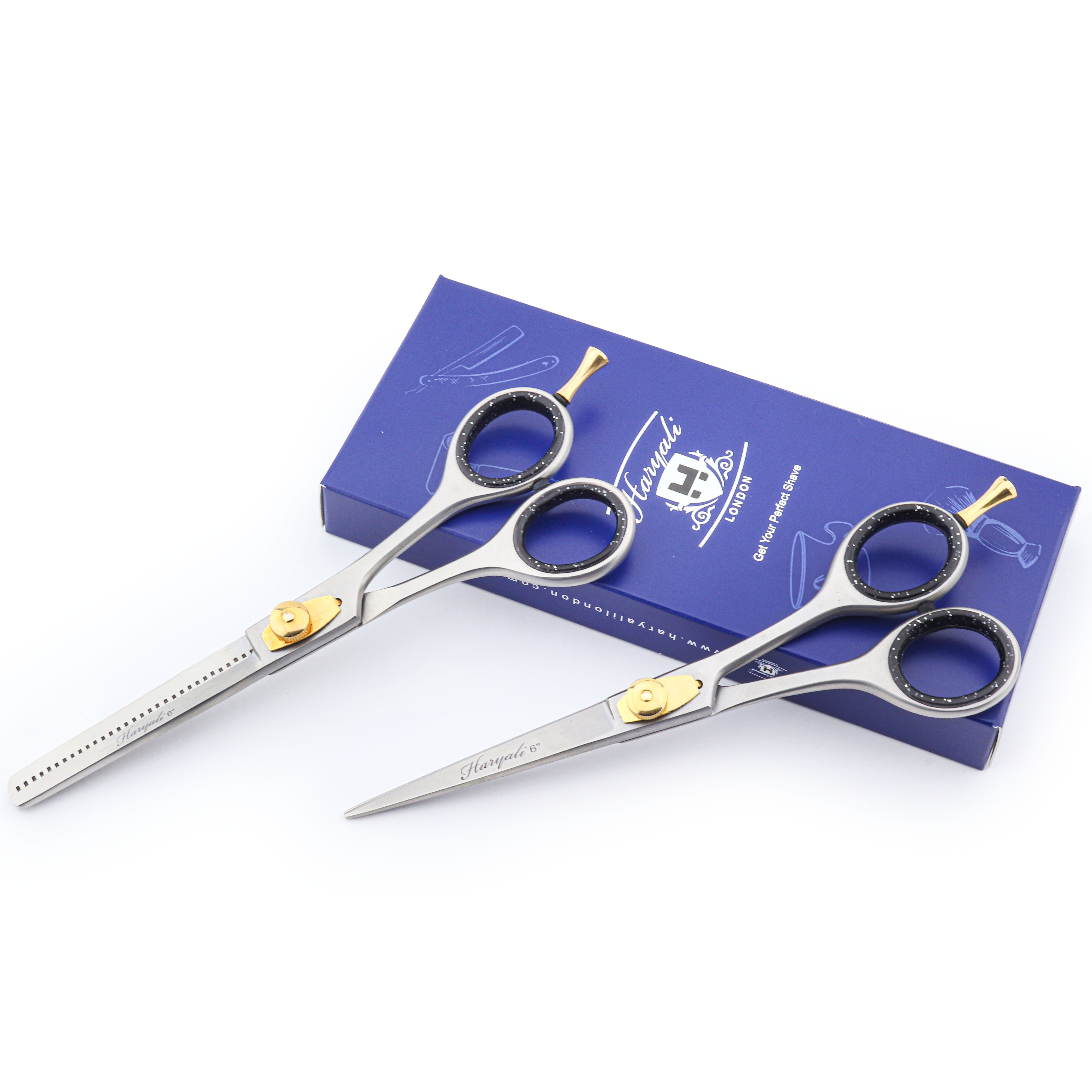 Haryali London Haarschere Hochwertiges 6-Zoll-Scherenset sowohl Schneide als auch Effiliersche, (1x pair, 2-tlg., 1x Schneideschere, 1x Effilierschere), Bestens geeignet für professionelle Friseurscheren