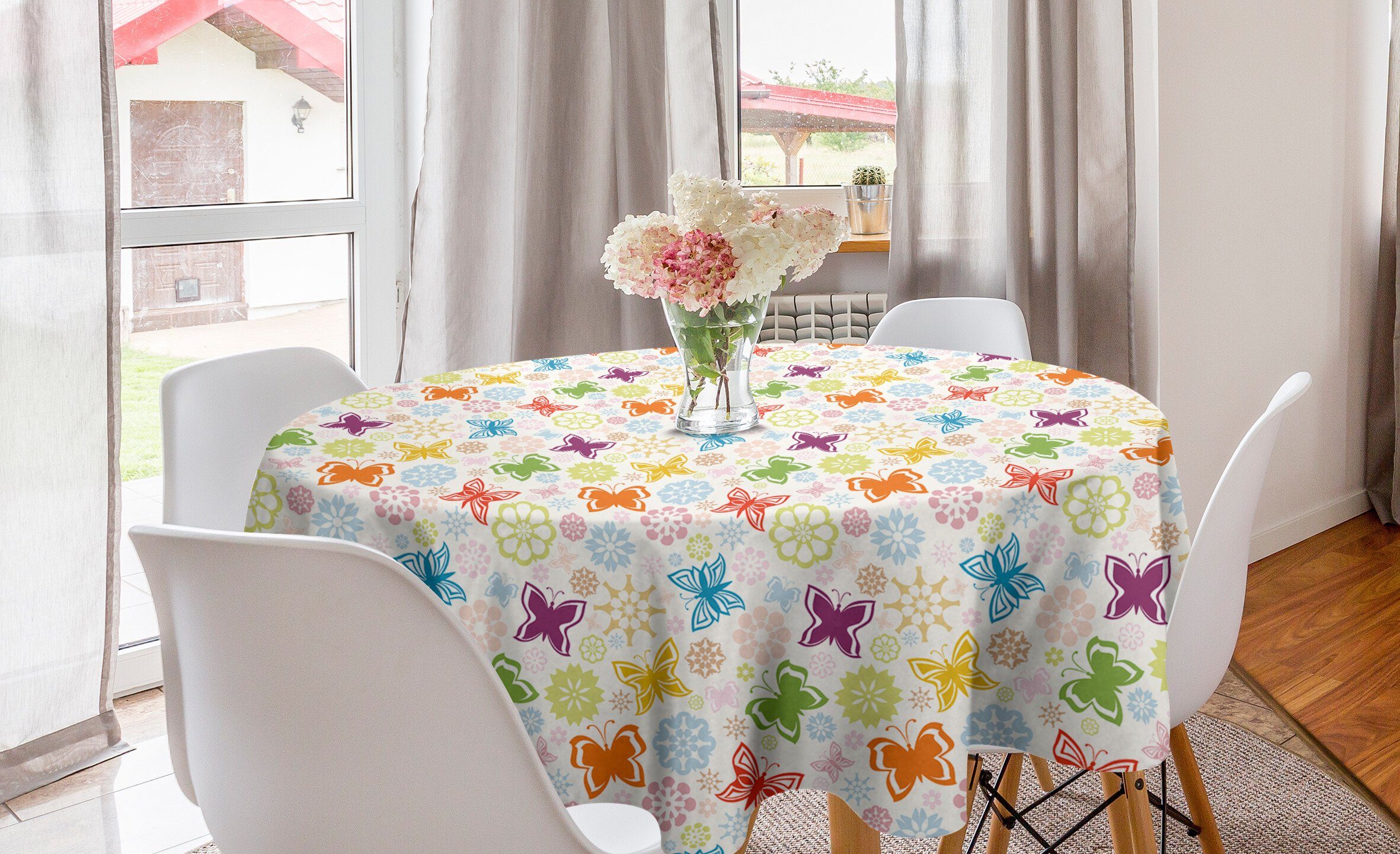 Tischdecke Vivid Kreis Küche für Abakuhaus Schmetterling Dekoration, Cartoon-Stil Esszimmer Tischdecke Abdeckung