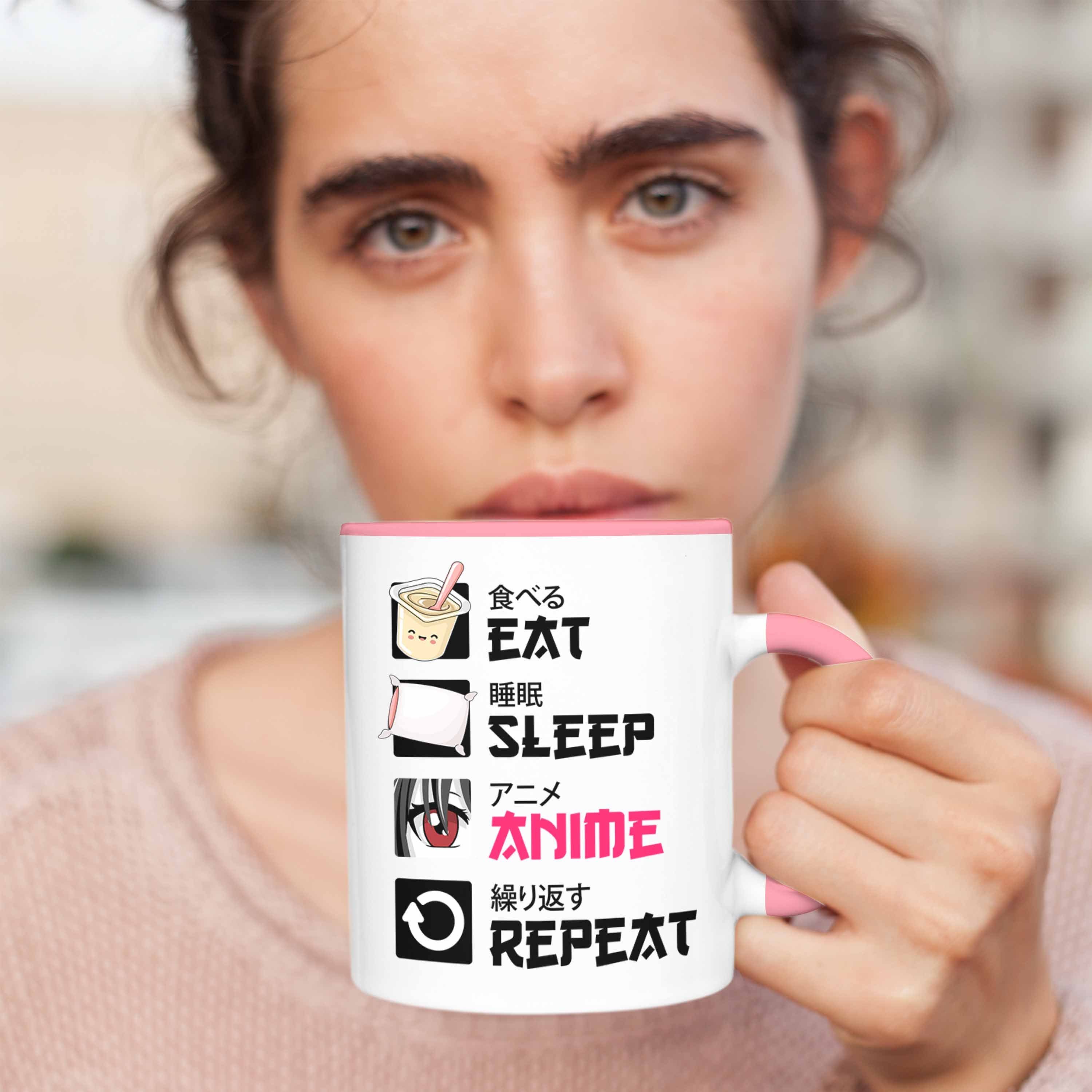 Anime Rosa Kaffeetasse Tasse Spruch Geschenk Trendation Geschenke Sleep - Tasse Eat Deko Trendation