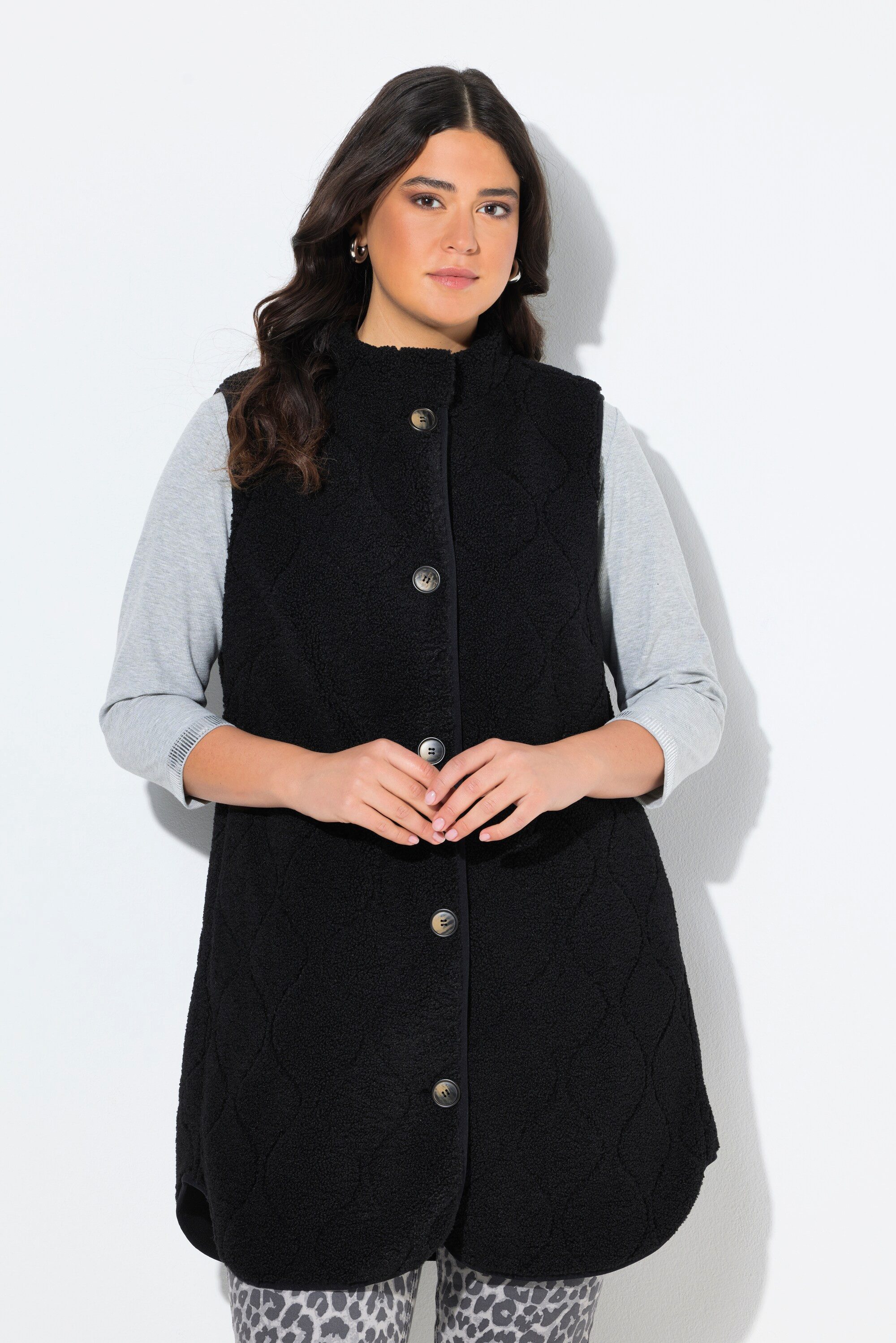 Ulla Popken Steppweste Teddyweste Stehkragen A-Linie ärmellos günstig online kaufen