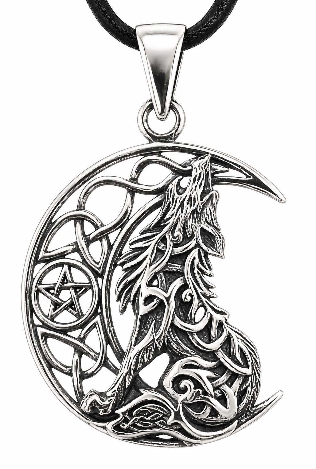 Kiss of Leather Kettenanhänger Wolf im Mond heulender Wolf Pentagramm Keltenknoten, 925 Silber (Sterlingsilber)