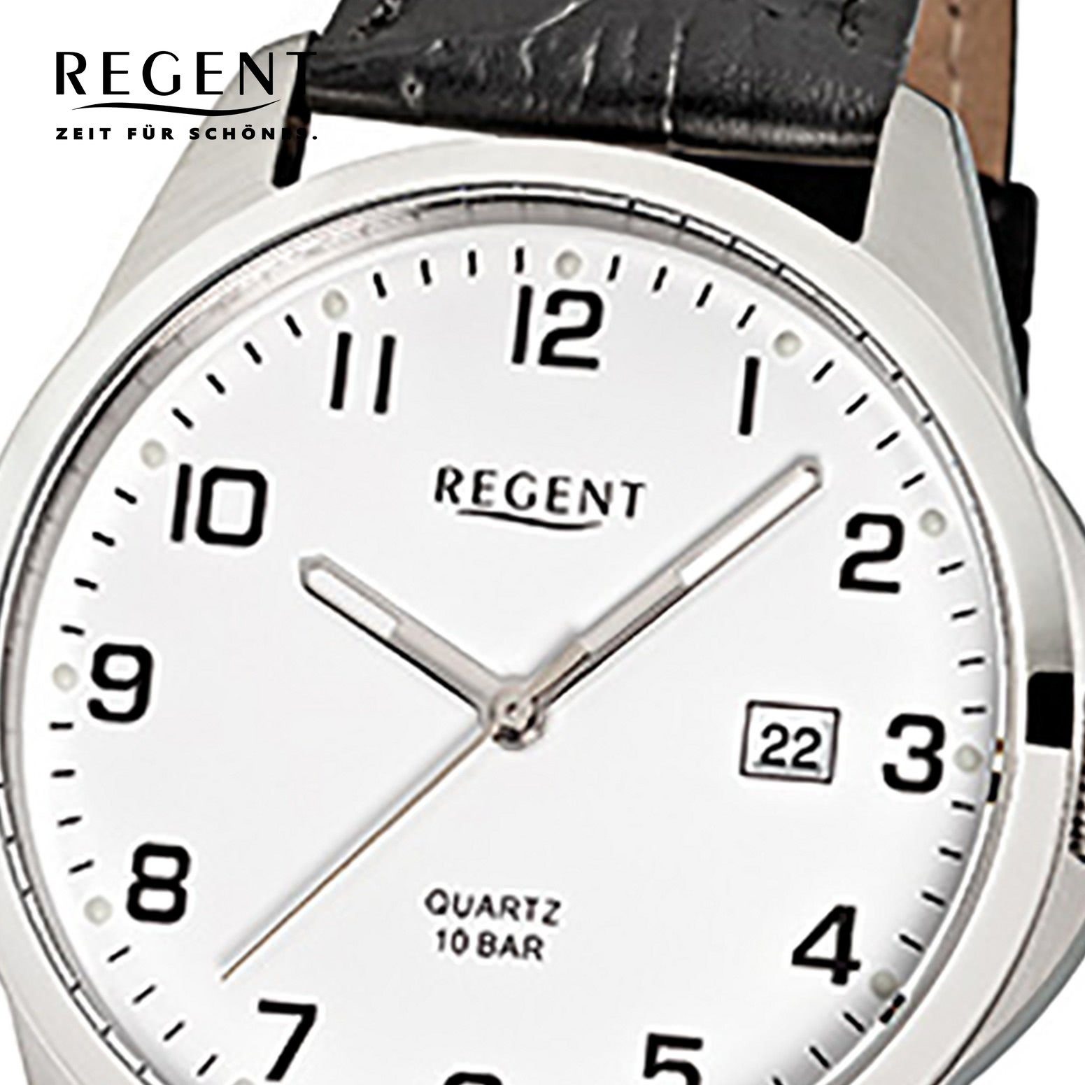 Regent Quarzuhr Regent Herren-Armbanduhr schwarz Armbanduhr rund, 39mm), (ca. Lederarmband mittel Analog, Herren