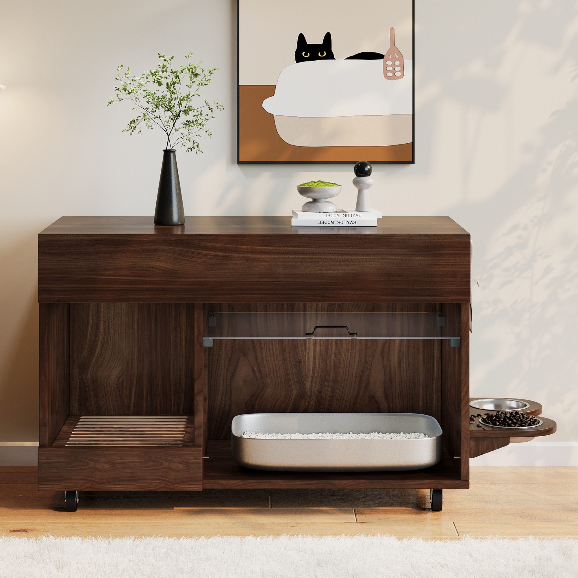Yorbay Mehrzweckschrank Katzentoilettenschrank Sideboard mit Sandauffangmatte Futternäpfen Rollen