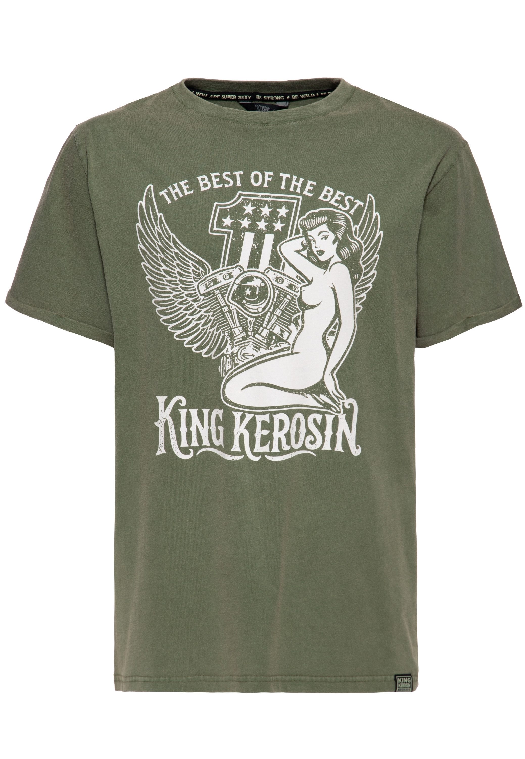 KingKerosin Print-Shirt The Best of the Best Großflächiger Frontprint mit Pin-up, V-Twin-Motor und Flügeln