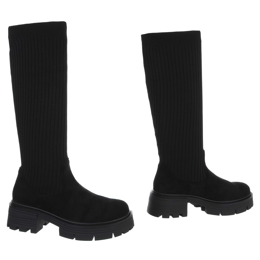 Ital-Design Modische Kniehohe Stiefel mit Rippen-Design für Damen Plateaustiefel (90727054) Blockabsatz Stiefel in Schwarz