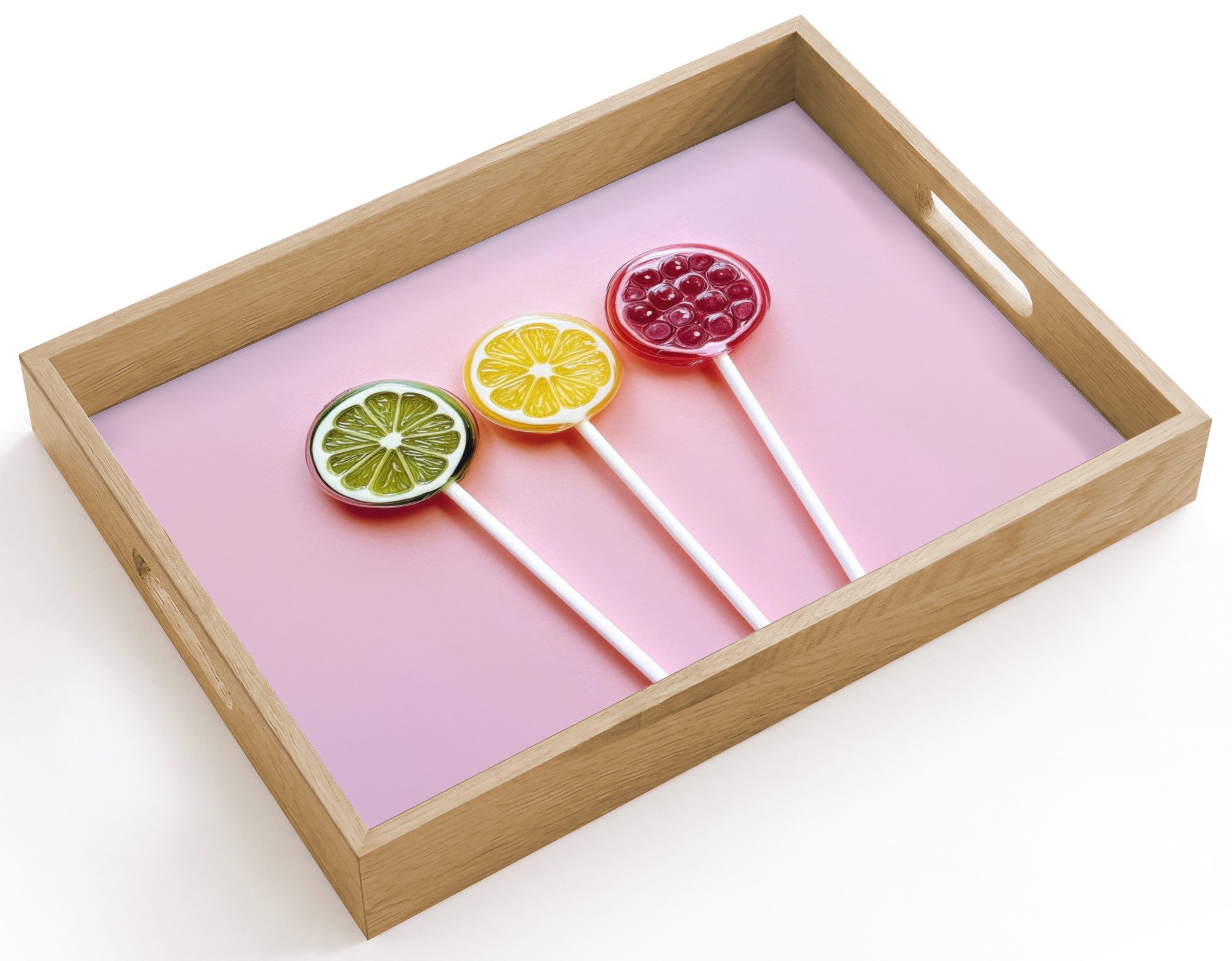 OnlyWow Tablett Rechteckig mit Henkel Lollipop - Bonbon - Zitrusfrucht, Eichenholz, (1-tlg), Siervierplatte, Tray, Frühstücksbrett