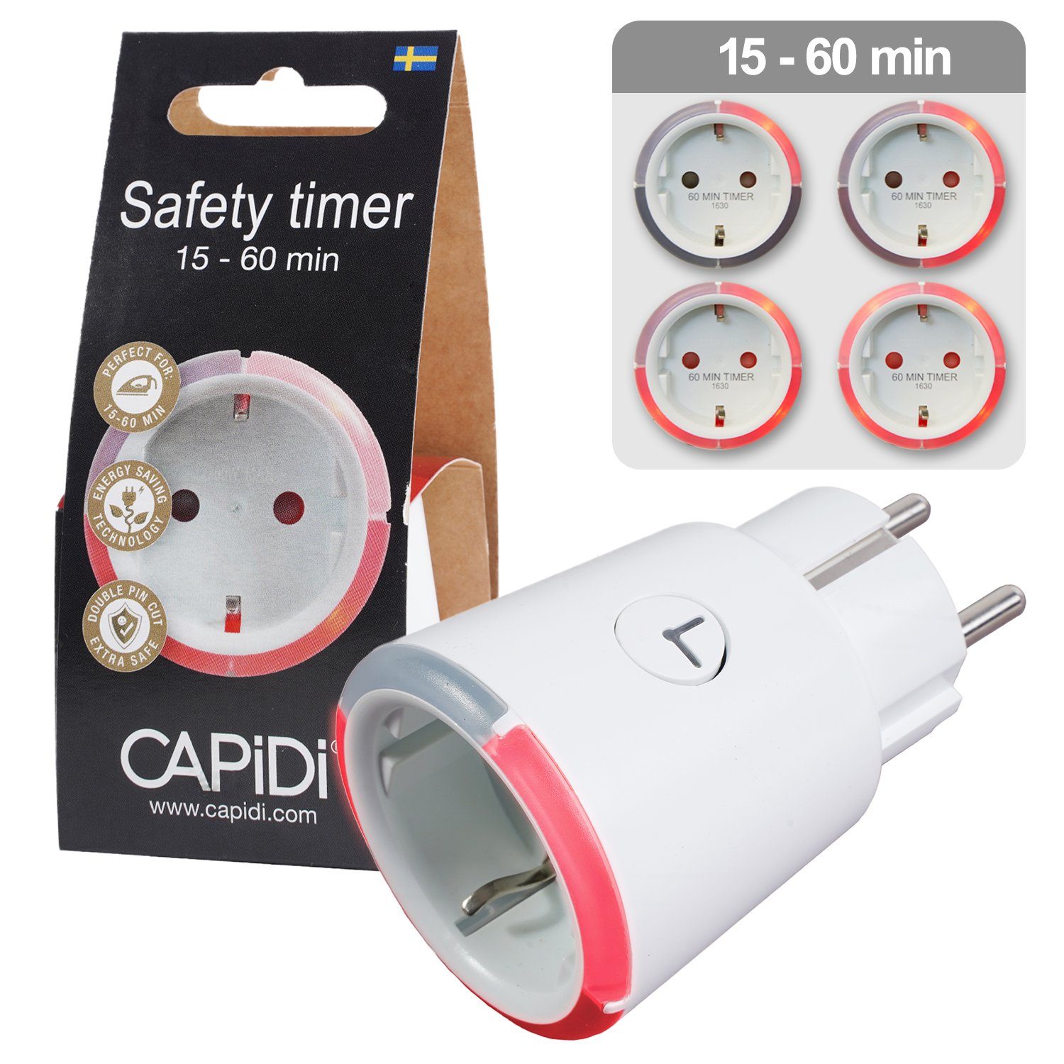 CAPiDi Countdown Timer 15-60 Min Zeitschaltuhr Sicherheitstimer Steckdose Steckdosentimer Weiß Zeitschalter Mehrfachsteckdose