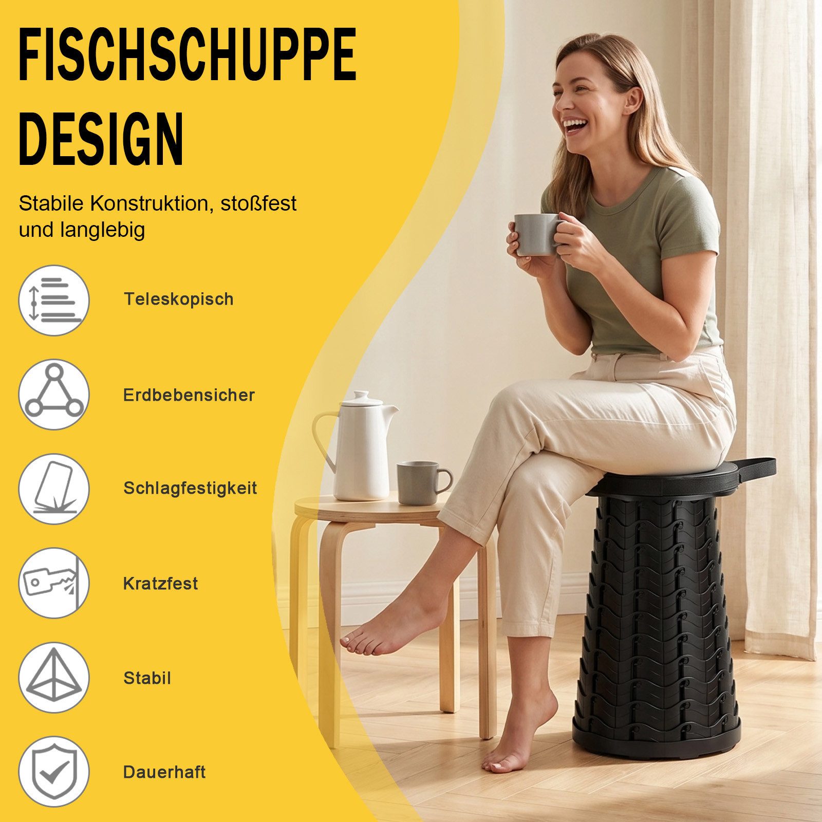 AKKEE Klappstuhl Tragbarer Klappstuhl Klapphocker Hocker Tragkraft 180 kg, höhenverstellbar und stabil – Bild 4 von 5