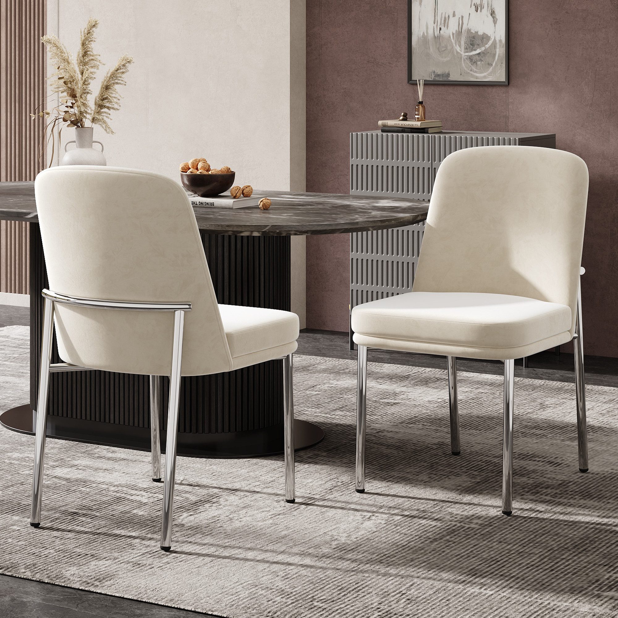 Flieks Esszimmerstuhl (Set, 2 St), 2er Set Polsterstühle Küchenstuhl Samt Beige, silberne Metallbeine