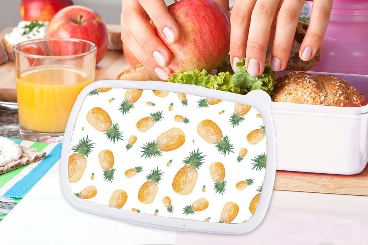 und für für Kinder Lunchbox MuchoWow - und Erwachsene, Mädchen Brotbox (2-tlg), Brotdose, Ananas Weiß, Obst Jungs Kunststoff, -