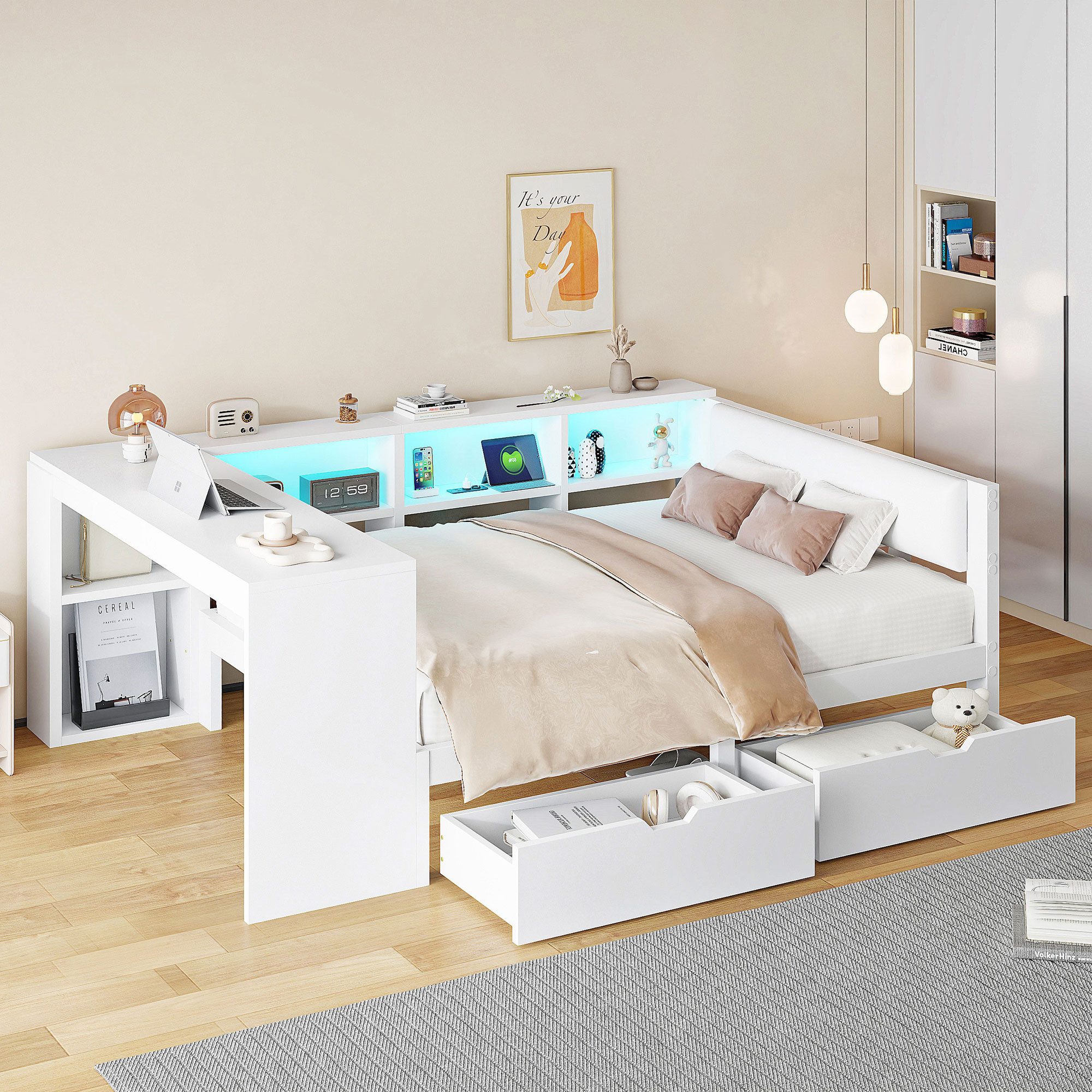REDOM Stauraumbett Funktionsbett,Einzelbett,Kinderbett,Jugendbett (Holz-Plattformbett mit LED-Licht, Stauraum, Schubladen & Ladestation – Gepolstertes Kopfteil, modernes Design für Schlafzimmer, Jugendzimmer & Gästezimmer, 140x200), mit Ablageflächen, Schubladen,Mit bunten LED-Leuchten