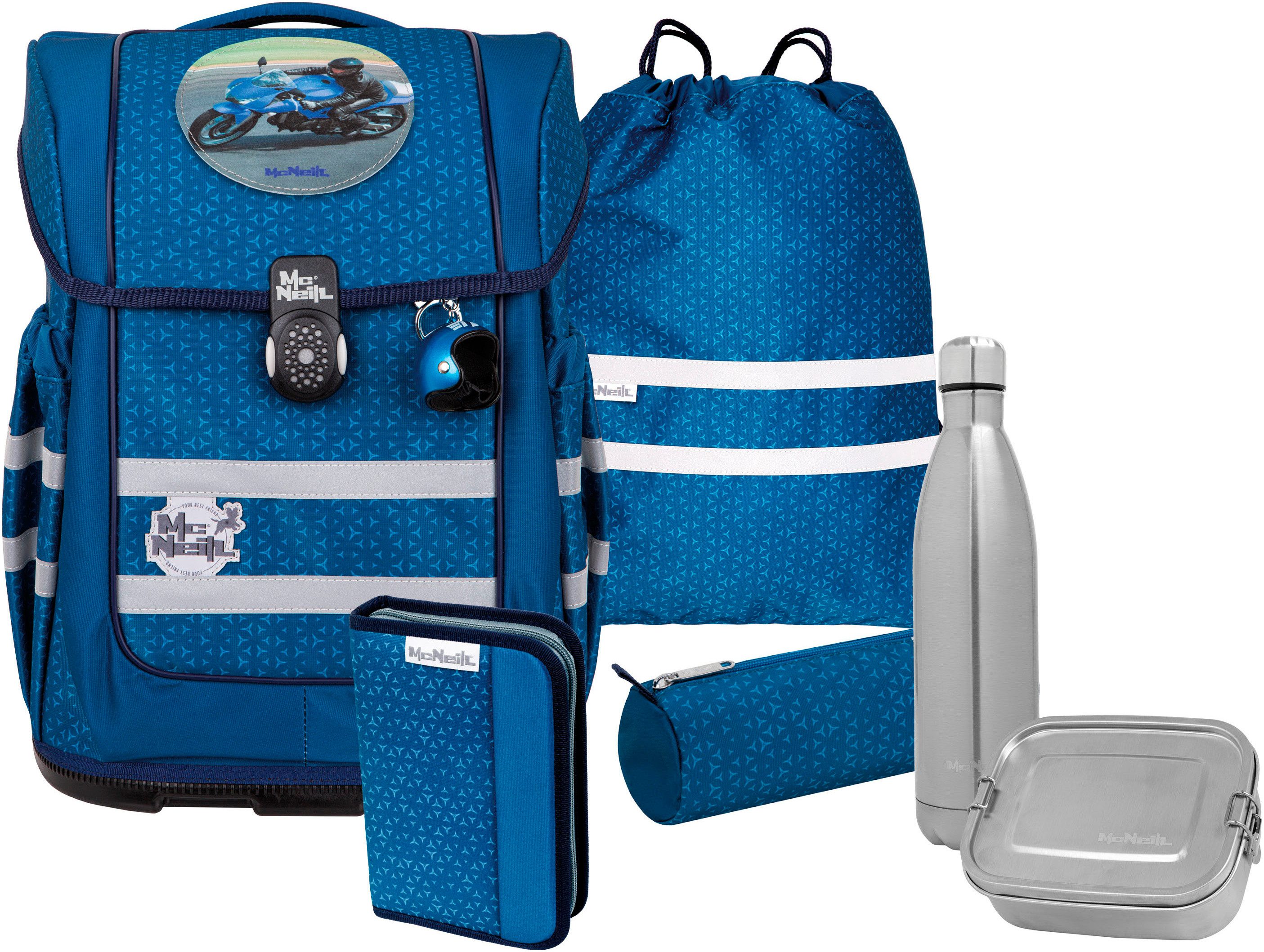 McNeill Schulranzen Ergo Compacto, Tetra (Set, 5-tlg), inkl. Federmäppchen, Turnbeutel, Schlamperrolle & Motivmagnet