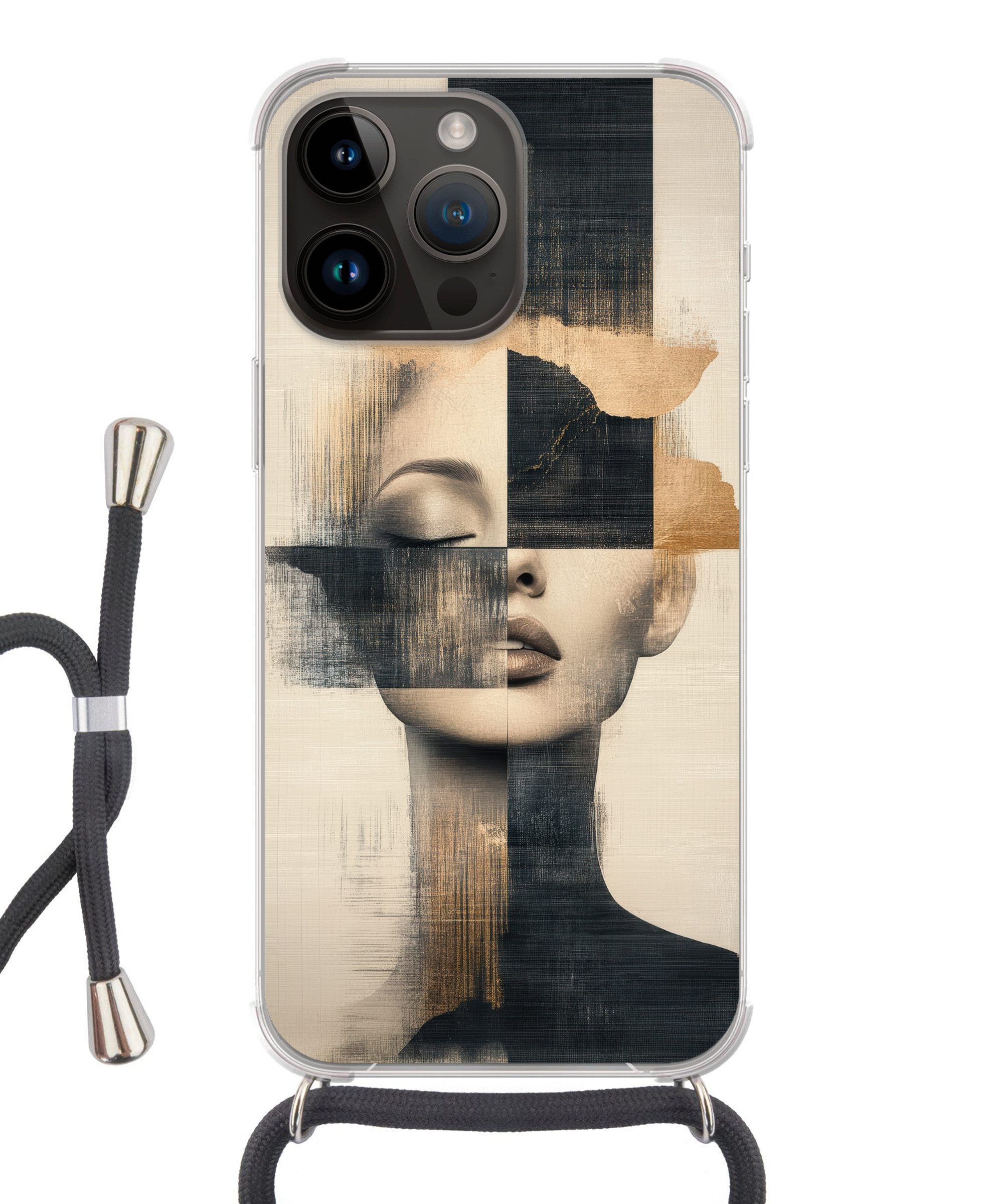 MuchoWow Handyhülle für Apple iPhone 14 Pro Gold - Frau - Rechtecke, Tragbare Handyhüllen mit Kette zum umhängen, Handykette Handyband