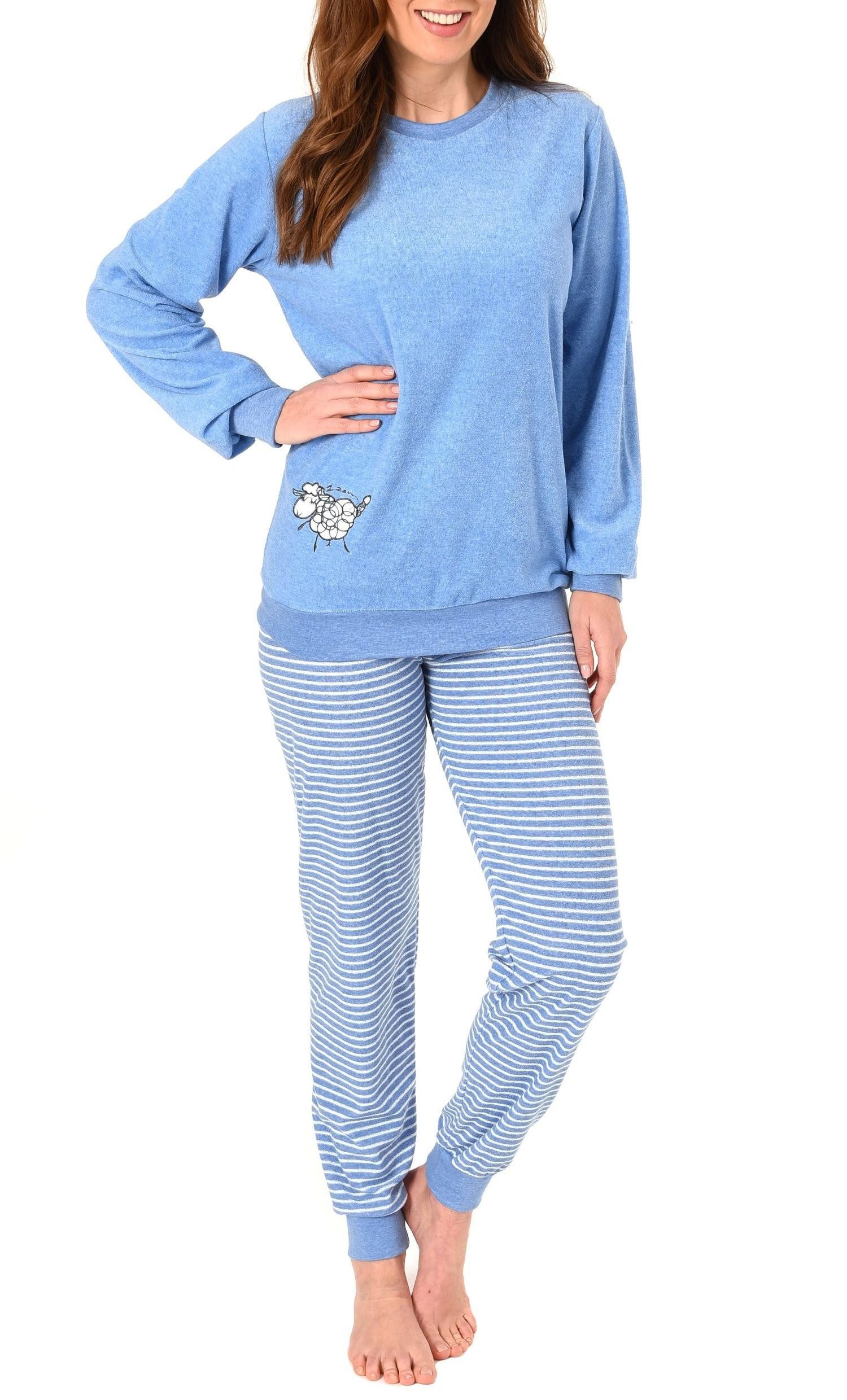 Pyjama Damen Frottee Schlafanzug mit Bündchen und süsser Tier Applikation