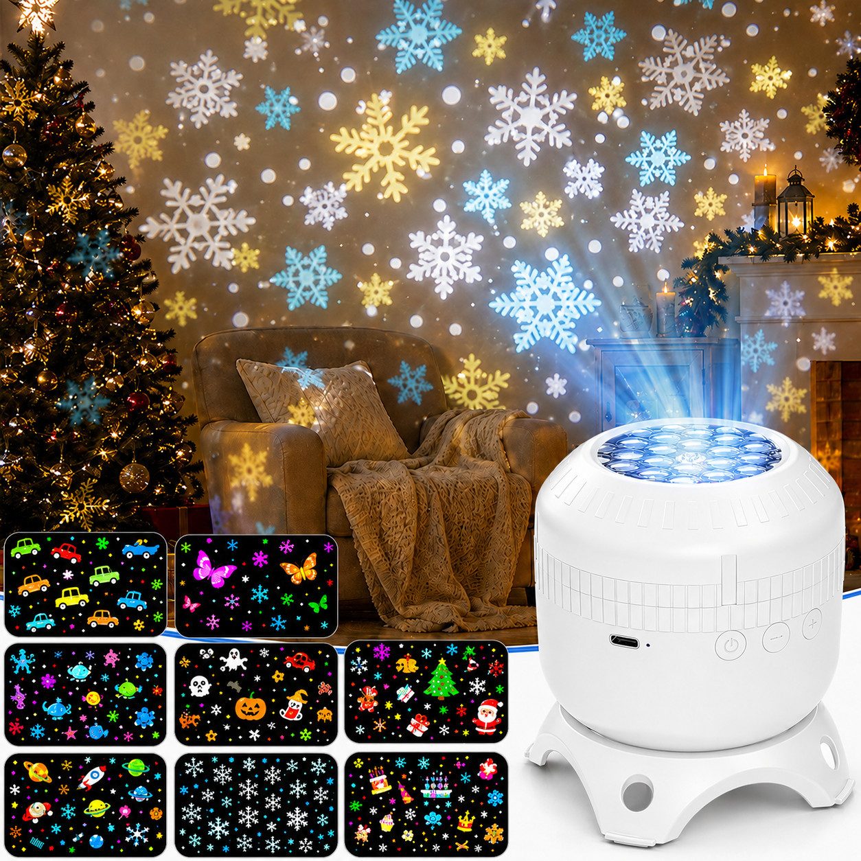 PRIISF Projektionslampe LED Sternenhimmel Projektor Kinder Nachtlicht Weihnachten Geschenke, USB Baby Einschlafhilfe Schlaflicht Nachttischlampe 360° Rotierend, LED-Projektionslampe für Geburtstag Halloween Xmas Kinderzimmer