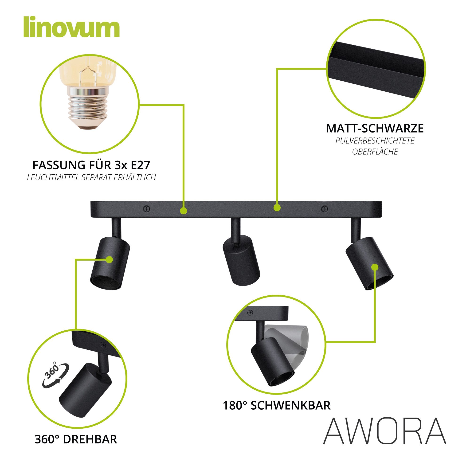 linovum LED Aufbaustrahler AWORA Deckenleuchte E27 3 flammig schwarz schwenkbar drehbar Spot