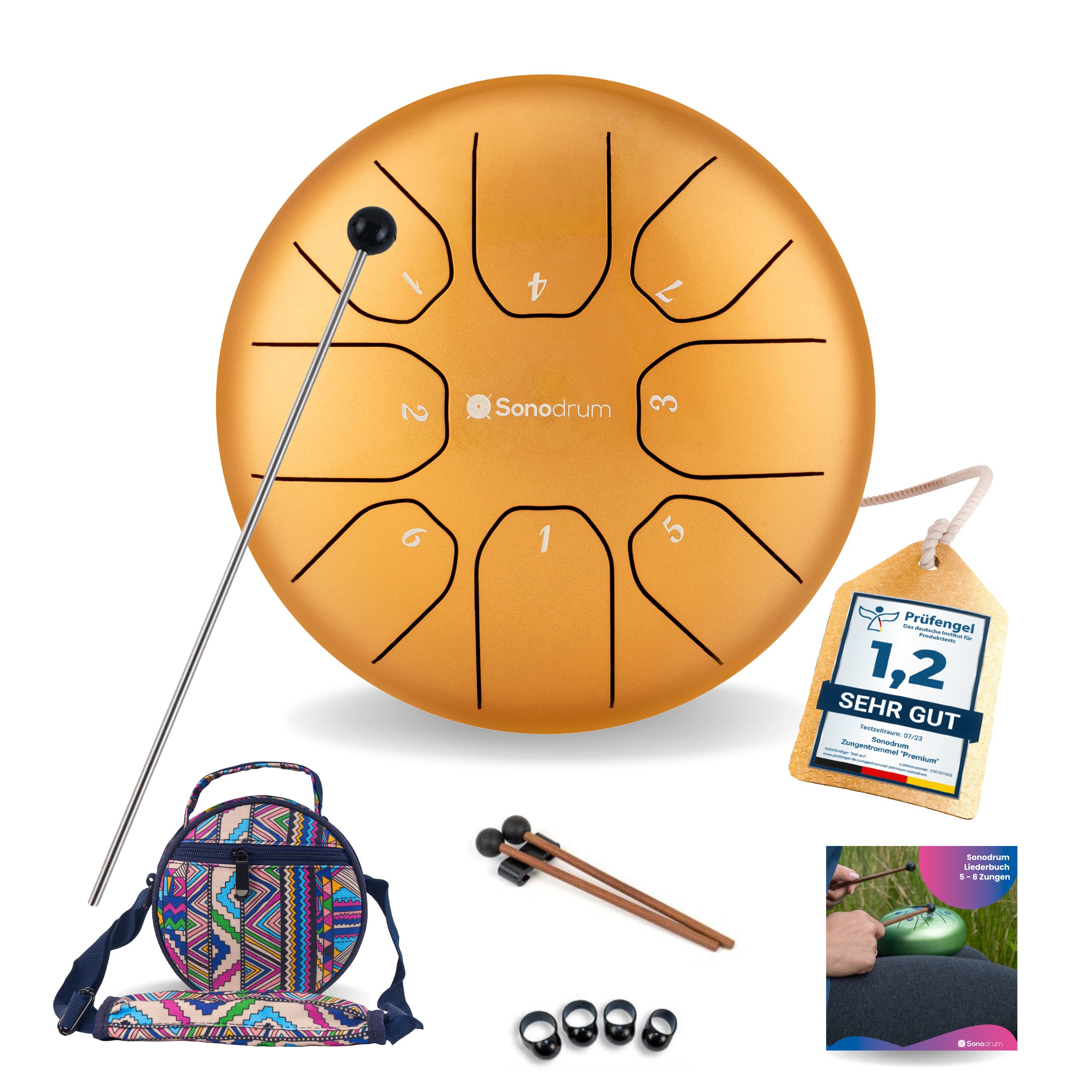 Sonodrum Steel Tongue Drum "Standard", C-Dur, 14 cm, 8 Zungen inkl. Liederbuch und Tragetasche