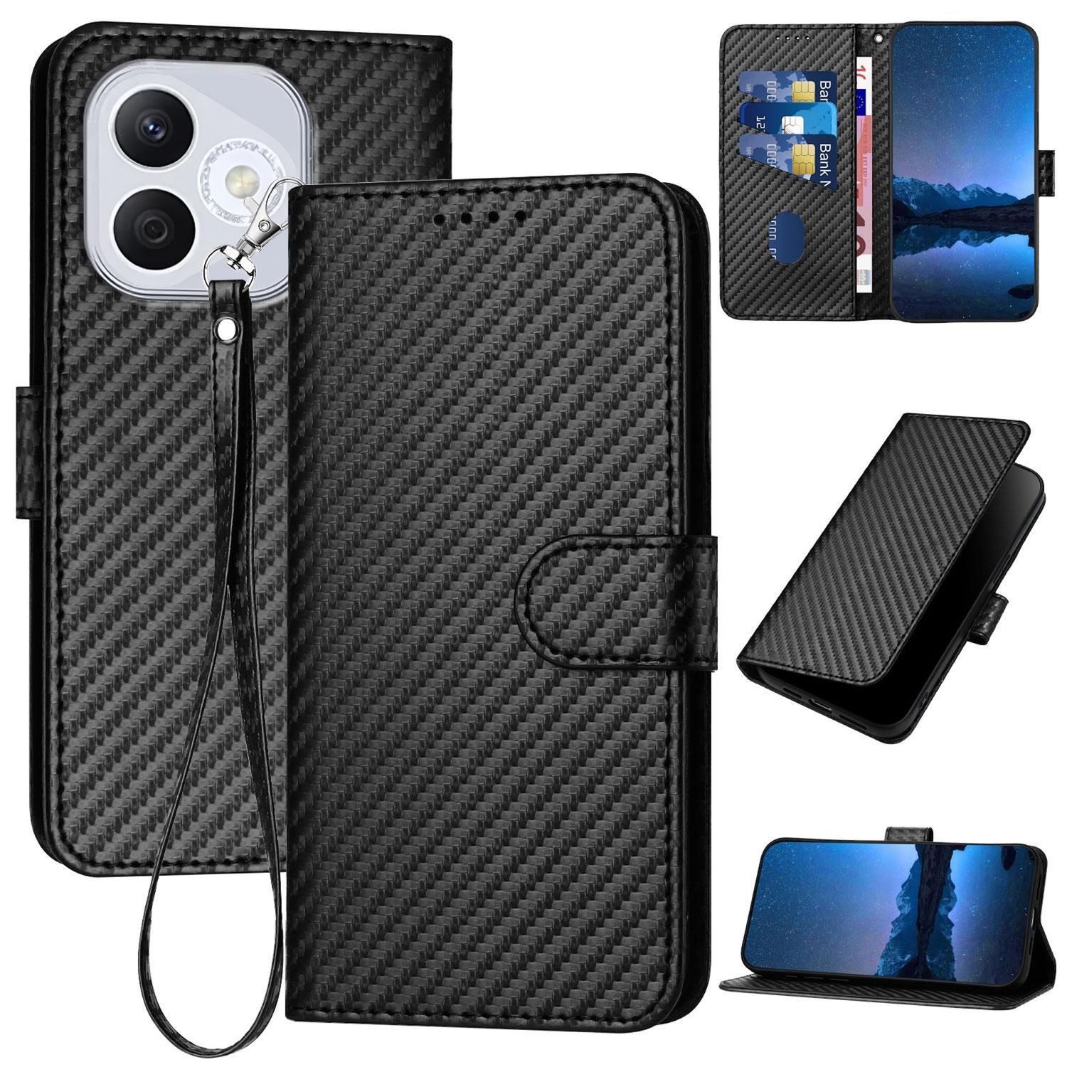 Wigento Handyhülle Für Honor 400 Lite Carbon Design Kunstleder Hülle mit Lanyard Schwarz, Carbon-Optik Hülle mit Kartenfach und Standfunktion