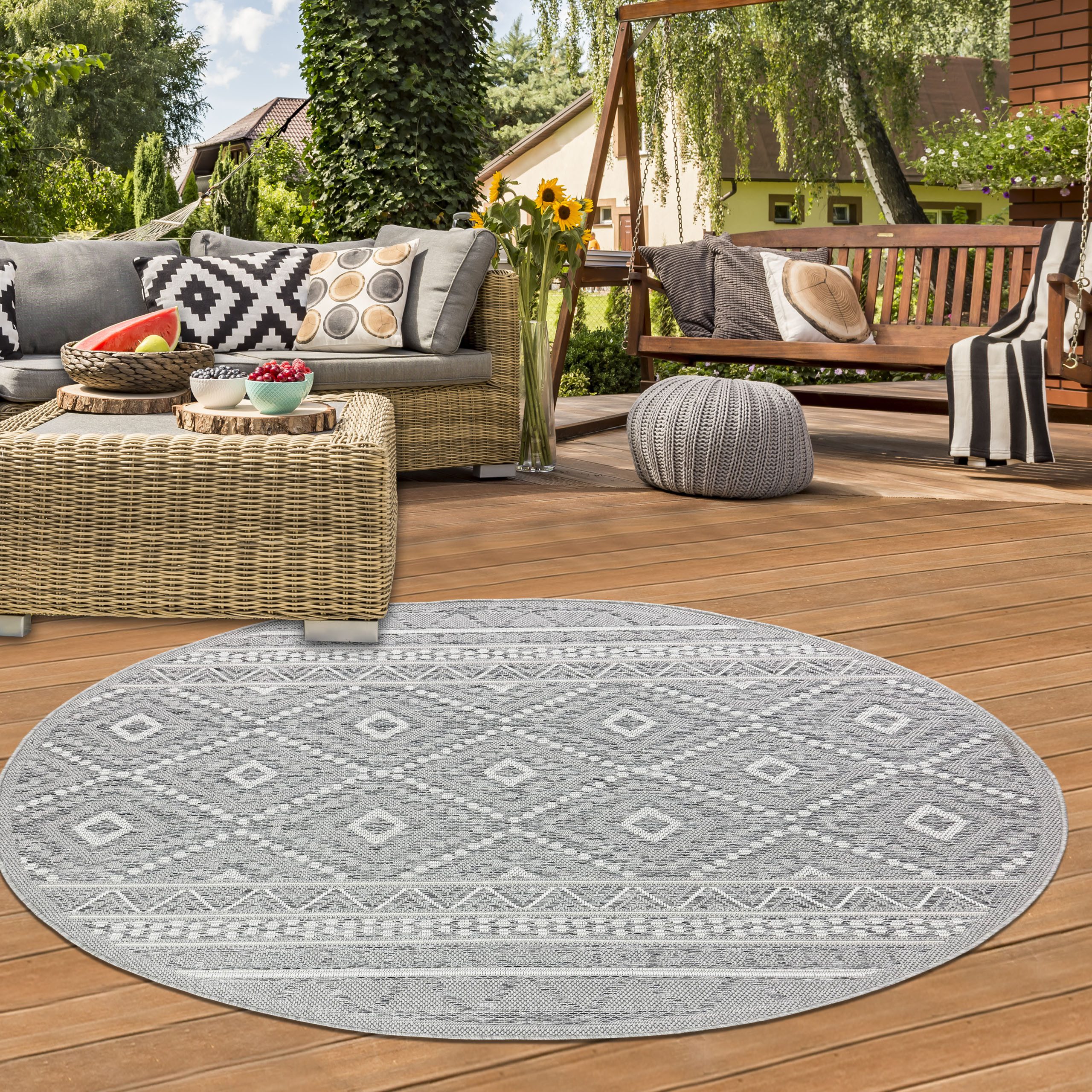 TeppichHome24 Outdoorteppich In- & Outdoor Teppich Sisal Optik Rauten Zickzack Muster grau, Rund