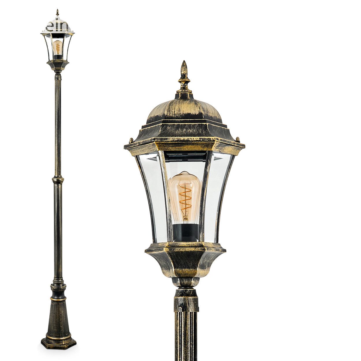 hofstein Pollerleuchte Wegeleuchte aus Metall/Glas in Schwarz-Goldfarben/Klar, ohne Leuchtmittel, Kandelaber, max. 230 cm, Landhaus IP44, 1 x E27, ohne Leuchtmittel