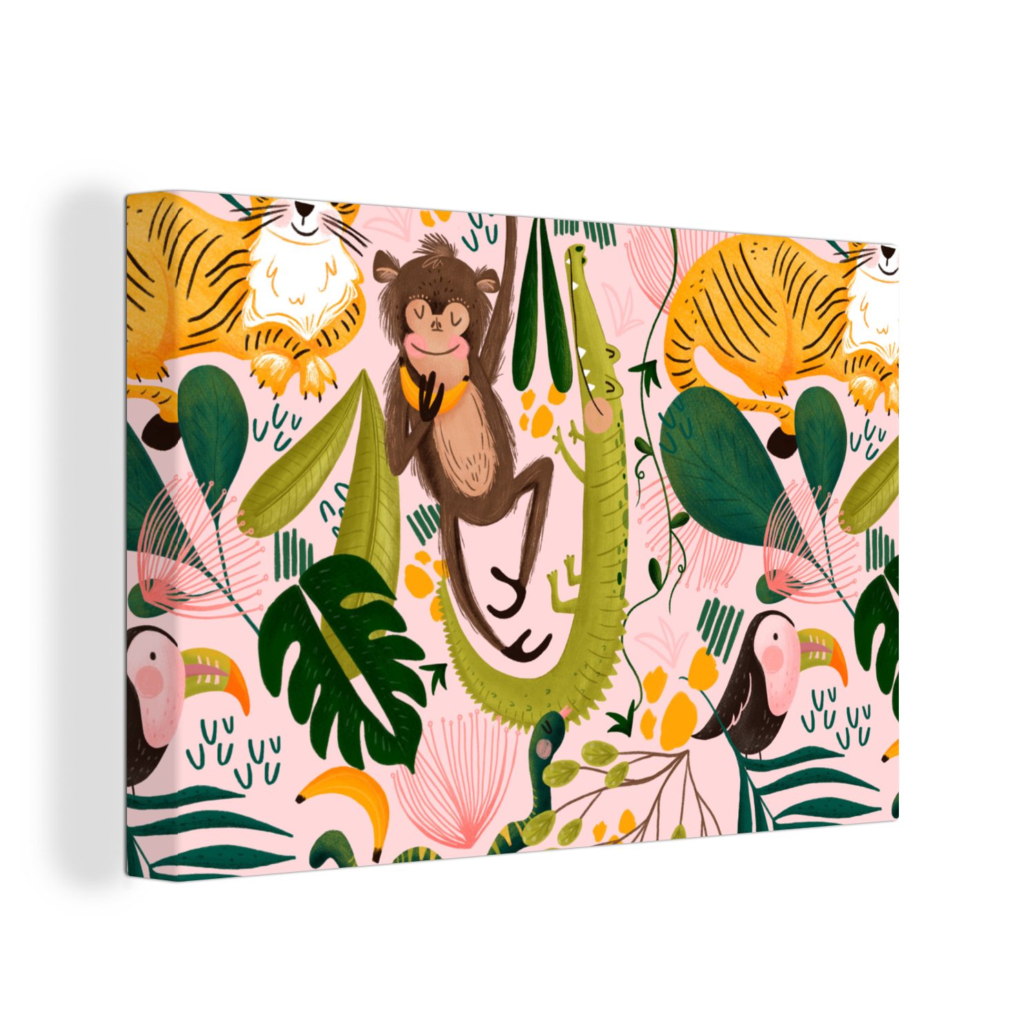 OneMillionCanvasses® Leinwandbild Affen - Pflanzen - Dschungel - Rosa, (1 St), Wandbild Leinwandbilder, Aufhängefertig, Wanddeko, 30x20 cm