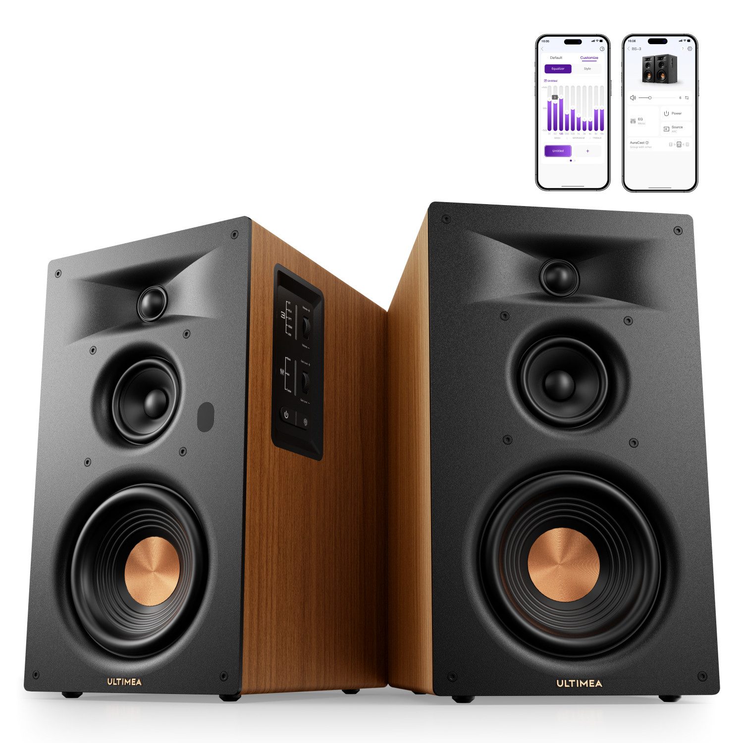Ultimea BS-3 3-Way Bookshelf Speakers Regal-Lautsprecher Edge Horn & BassMX (Bluetooth 6.0, 70 W, 5,25'' Tieftöner, App, Heimkino, Auracast, Design ohne Frontgitter)
