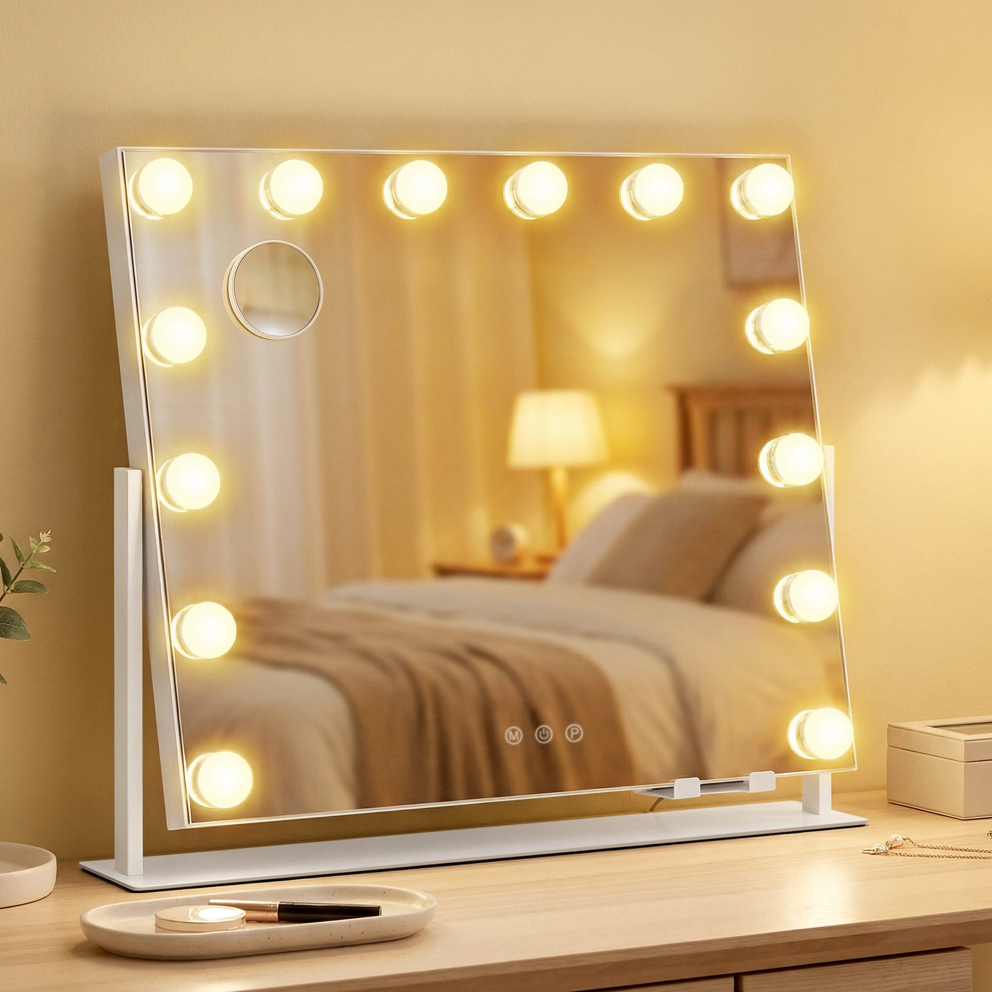 SONGMICS Schminkspiegel mit Beleuchtung, Kosmetikspiegel Touch-Steuerung, dimmbar, Handyhalter, mit 14 LED-Glühbirnen, mit USB-A und USB-C, 50 x 42 cm