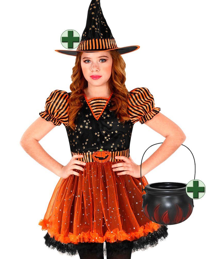 Karneval-Klamotten Hexen-Kostüm Schwarz orange Hexenkleid + Hexenhut Hexenkessel, Kinderkostüm Mädchenkostüm Halloween Kleid, Hut und Hexenkessel