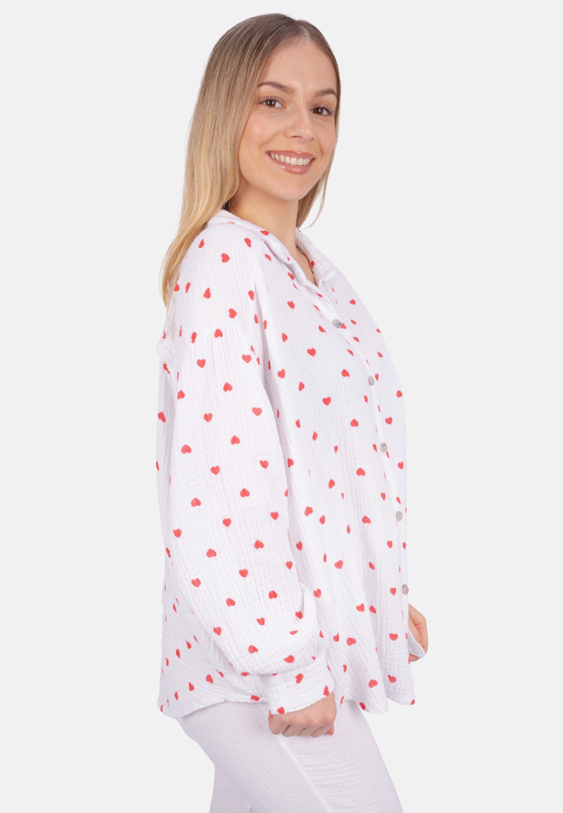 Seasons of April Hemdbluse LIYA MUSSELIN HERZ OVERSIZED Damen Musselin Bluse mit Herz Print, 100% Baumwolle, S/M & L/XL